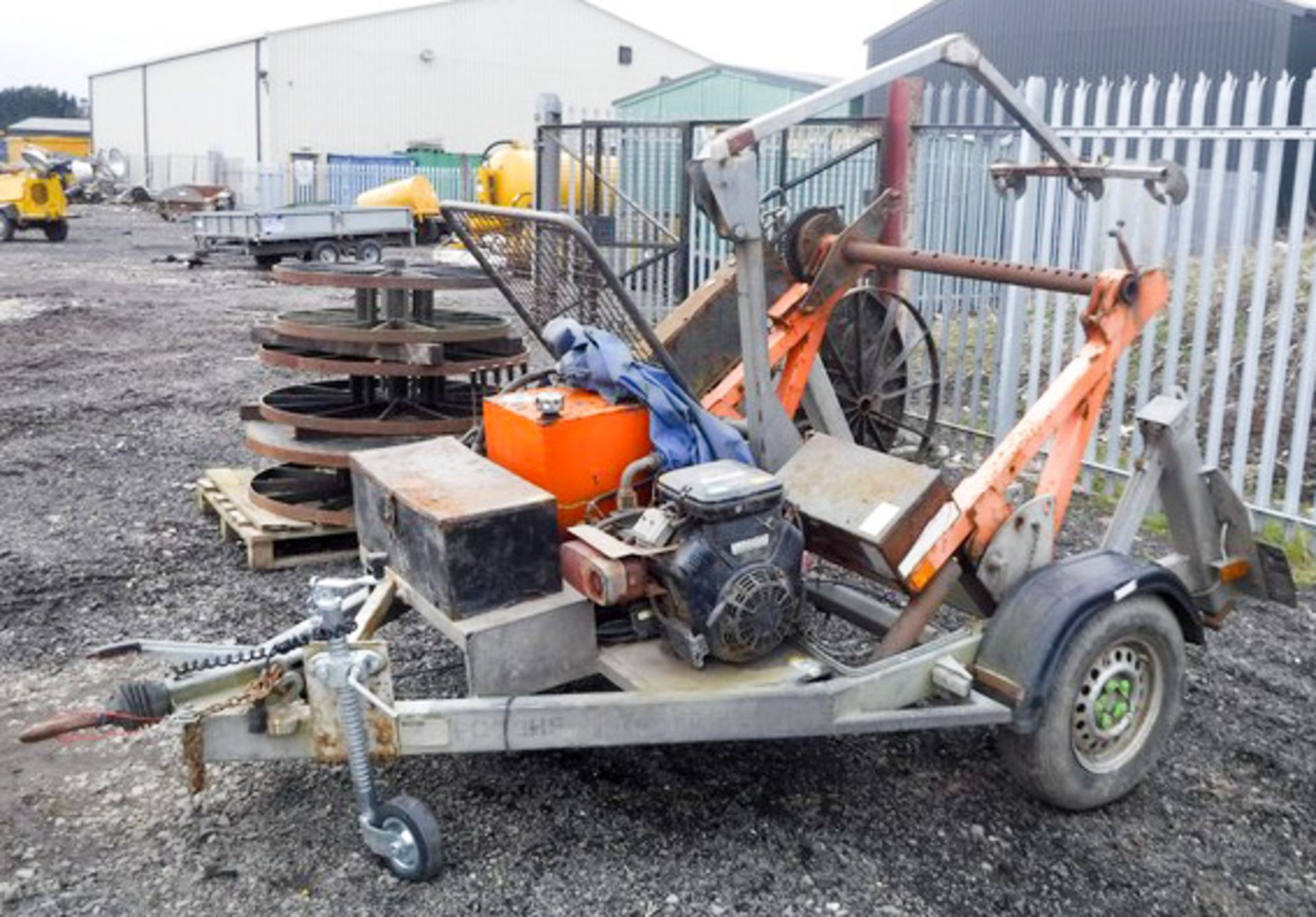 CLYDESDALE CABLE WINCH TRAILER WITH PALLETS OF REELS, S/N 224006080, ASSET NO 747-6016