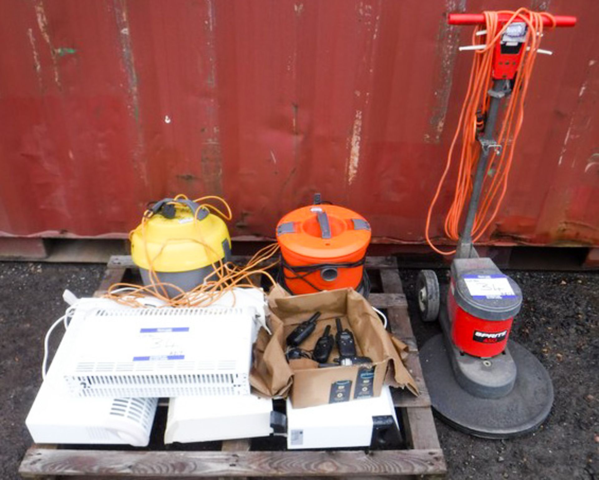 PALLET CONTAINING 4 HEATSTORE HEATERS, 1 VICTOR & 1 VAX HOOVER, 1 CRS SPRITE 450 FLOOR SCRUBBER & 4