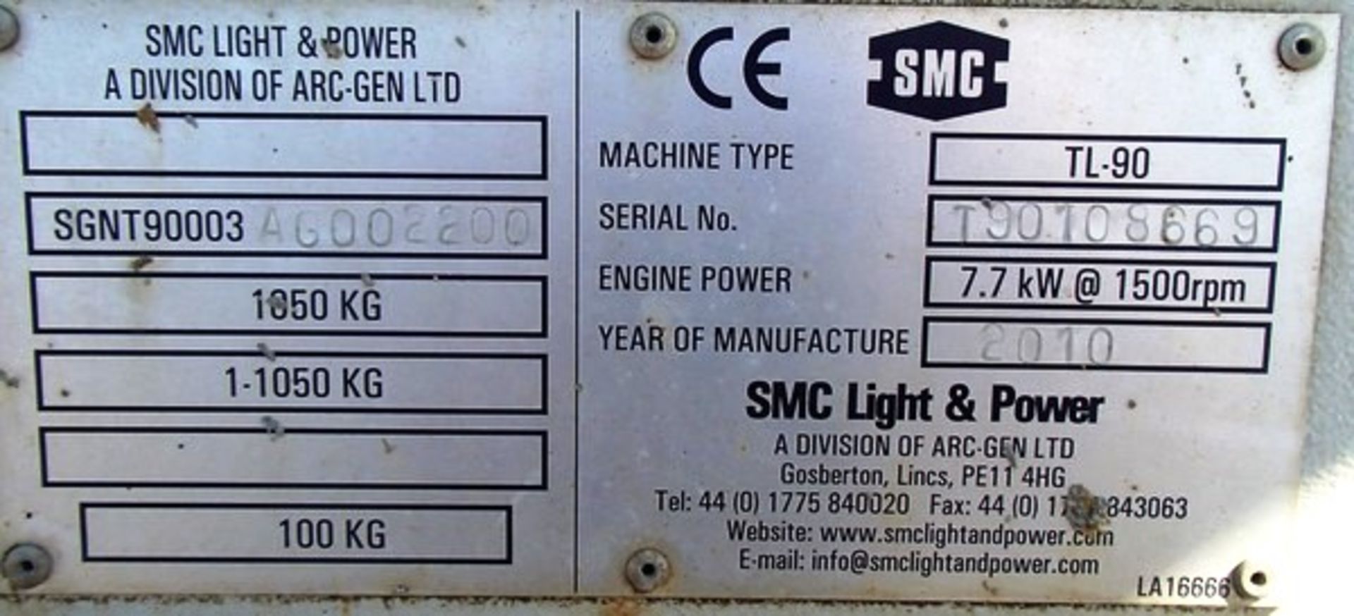 2010 SMC TL-90. SN T90108669 TOWABLE TOWER LIGHTS. ENGINE POWER 7.7KW@1500RPM. 2571 HRS (NOT VERIFIE - Image 5 of 5