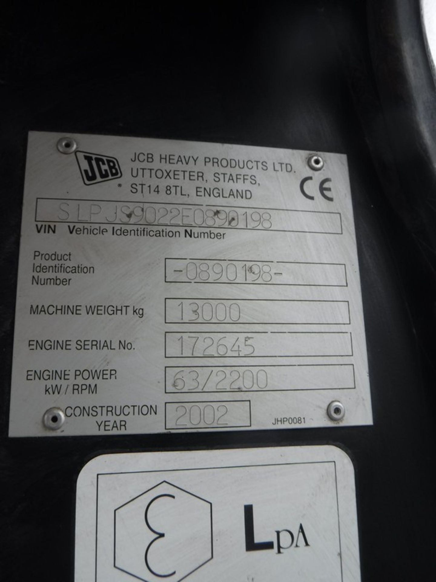 2002 JCB JS130, S/N SLPJ59022EO890198, C/W 3 BUCKETS, 7850HRS (NOT VERIFIED), ENGINE STOP NOT WORKIN - Image 20 of 22