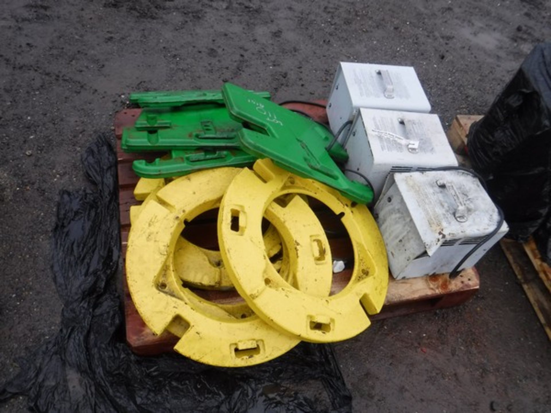 PALLET CONTAINING 3 ELECTRIC JOHN DEERE E-GATOR CHARGERS, 4 WHEEL WEIGHTS FOR JOHN DEERE TRACTOR & 4 - Image 2 of 3