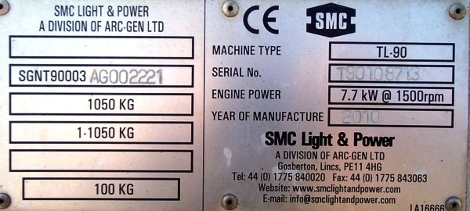 2010 SMC TL-90. SN T90108713 TOWABLE TOWER LIGHTS, ENGINE POWER 7.7KW @ 1500RPM. 992 HRS (NOT VERIFI - Image 6 of 6