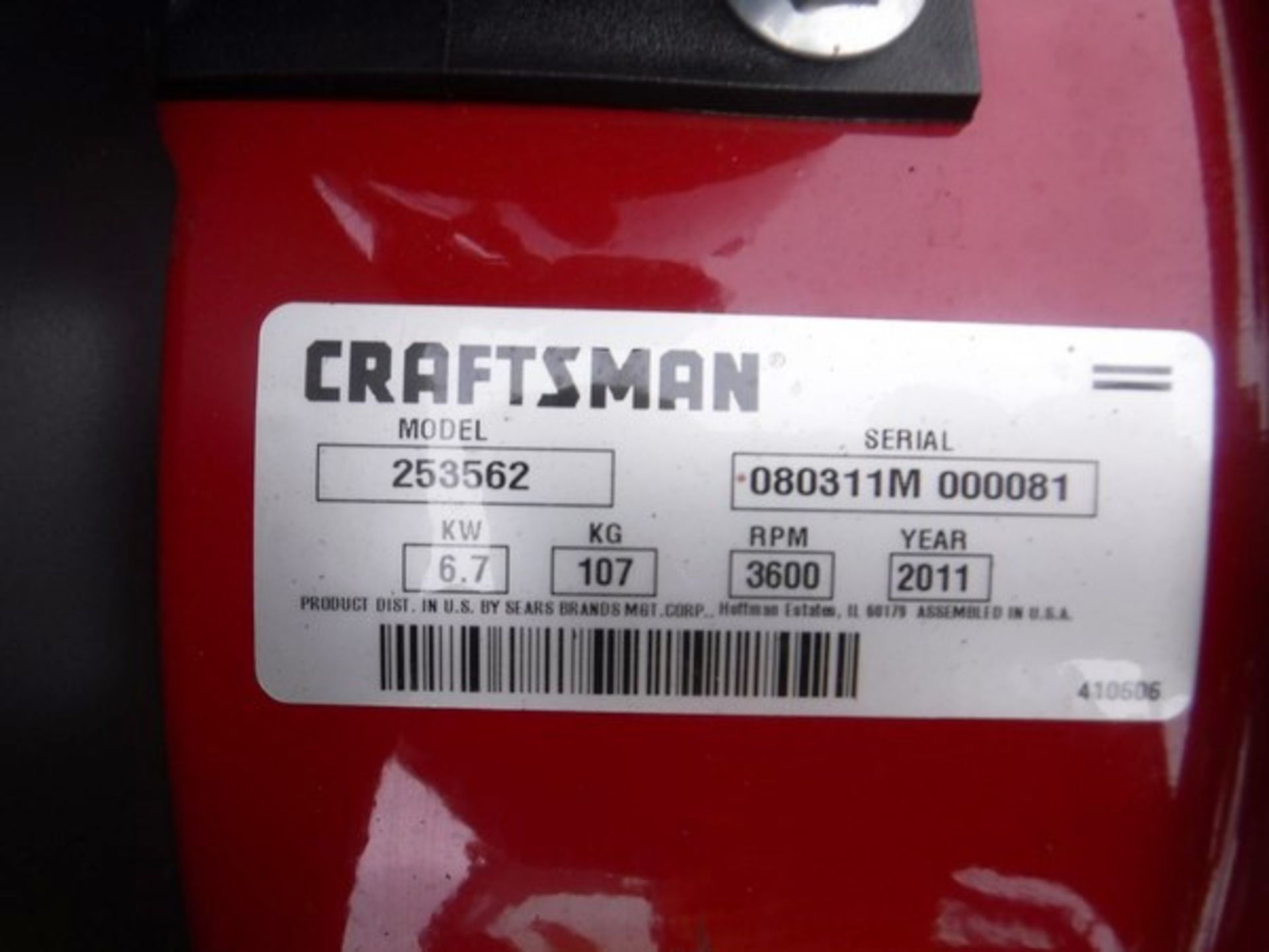 2011 CRAFTSMAN 253562 SNOW BLOWER - s/n 080311M000081. - Bild 5 aus 5