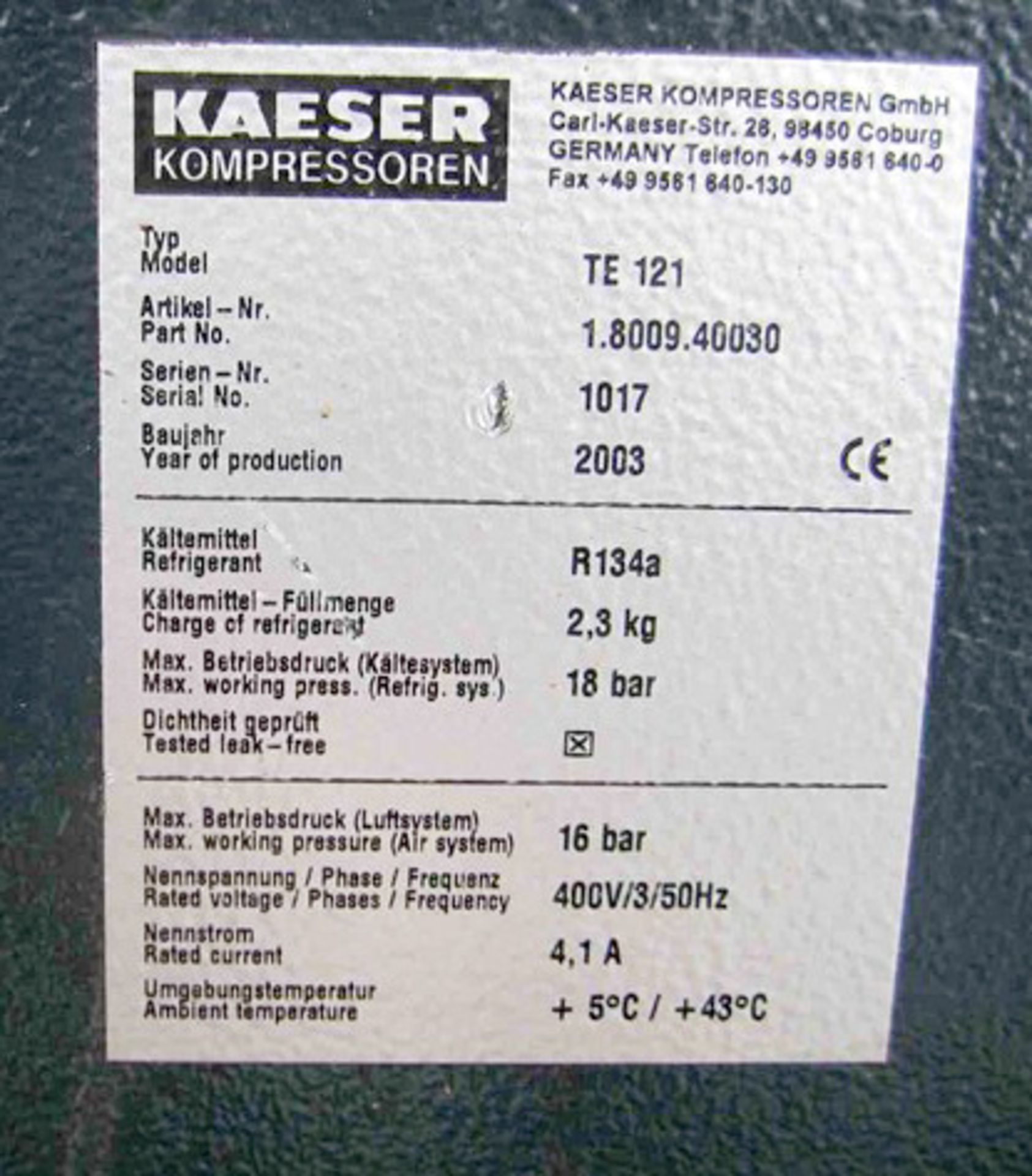 2003 KAESER TE 121, S/N 1017, refridgerated air dryer - Image 4 of 6