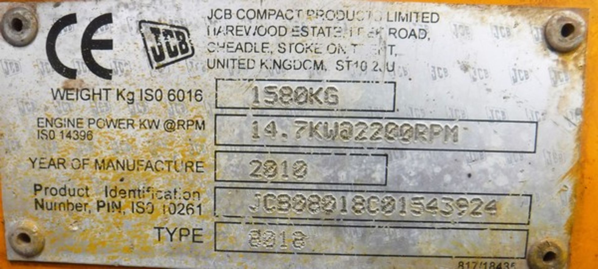 2010 JCB 80818 CTS c/w 1 bucket s/n JCB08018C01543924. 2166hrs (not verified). - Image 8 of 16