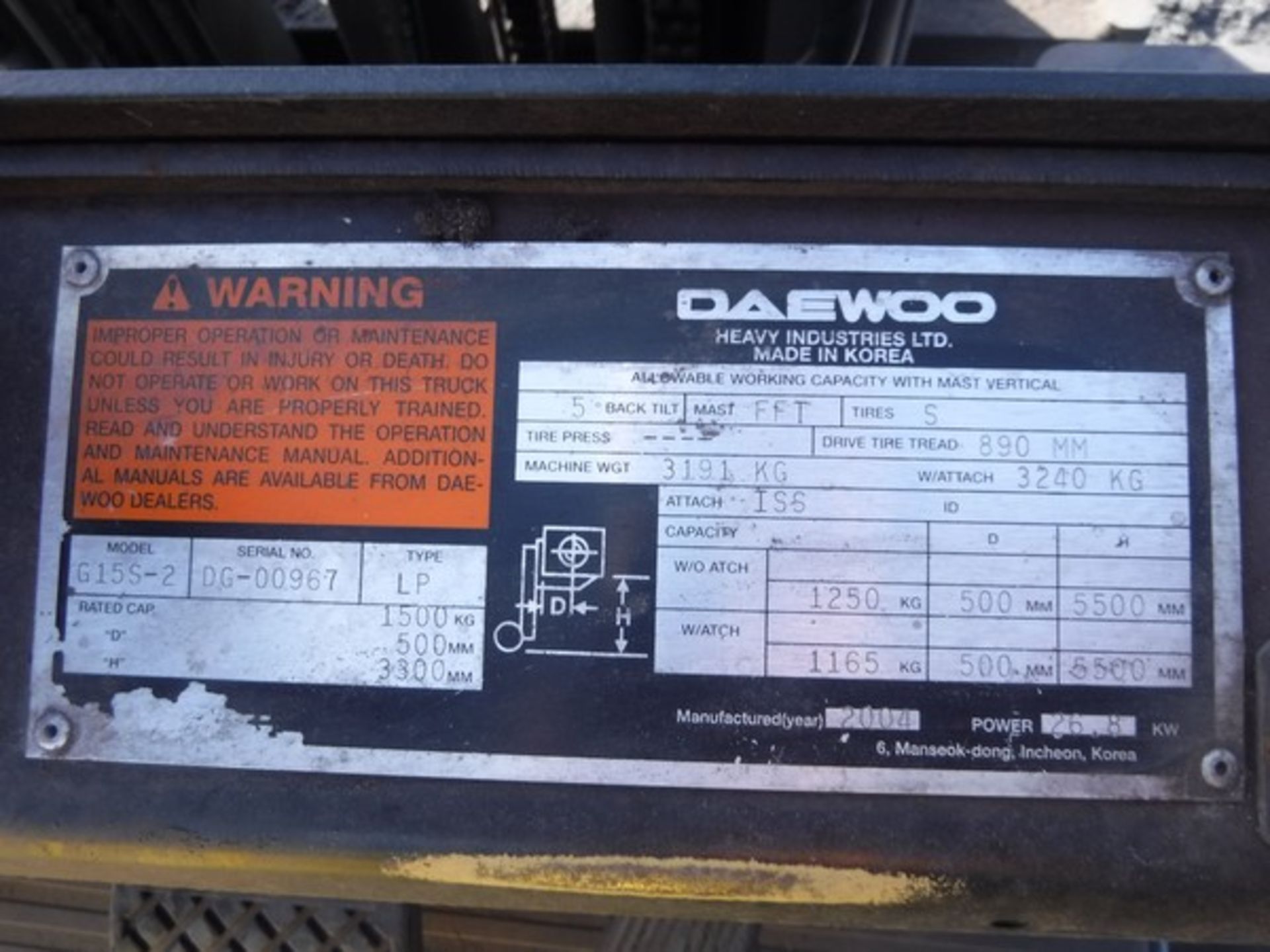 2004 DAEWOO FORKLIFT G155.Triple mast, side shift. 7006hrs (not verified) - Image 2 of 12