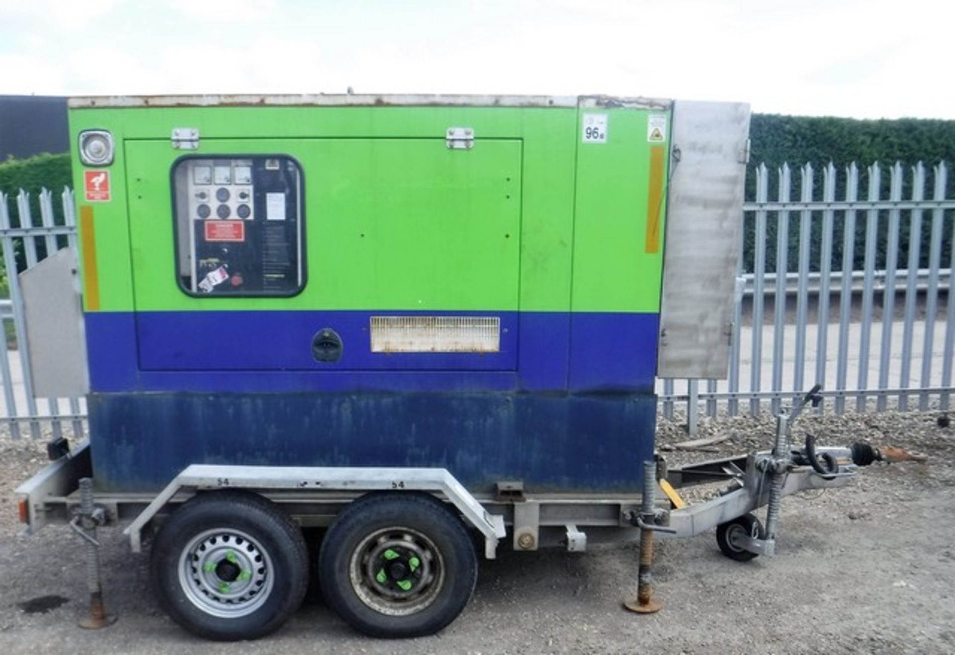 2002 LCH P60P1 Generator, 60kva. S/N FGWPEPO3CD0A05757. Mounted on RM twin axle trailer. S/N 020525.