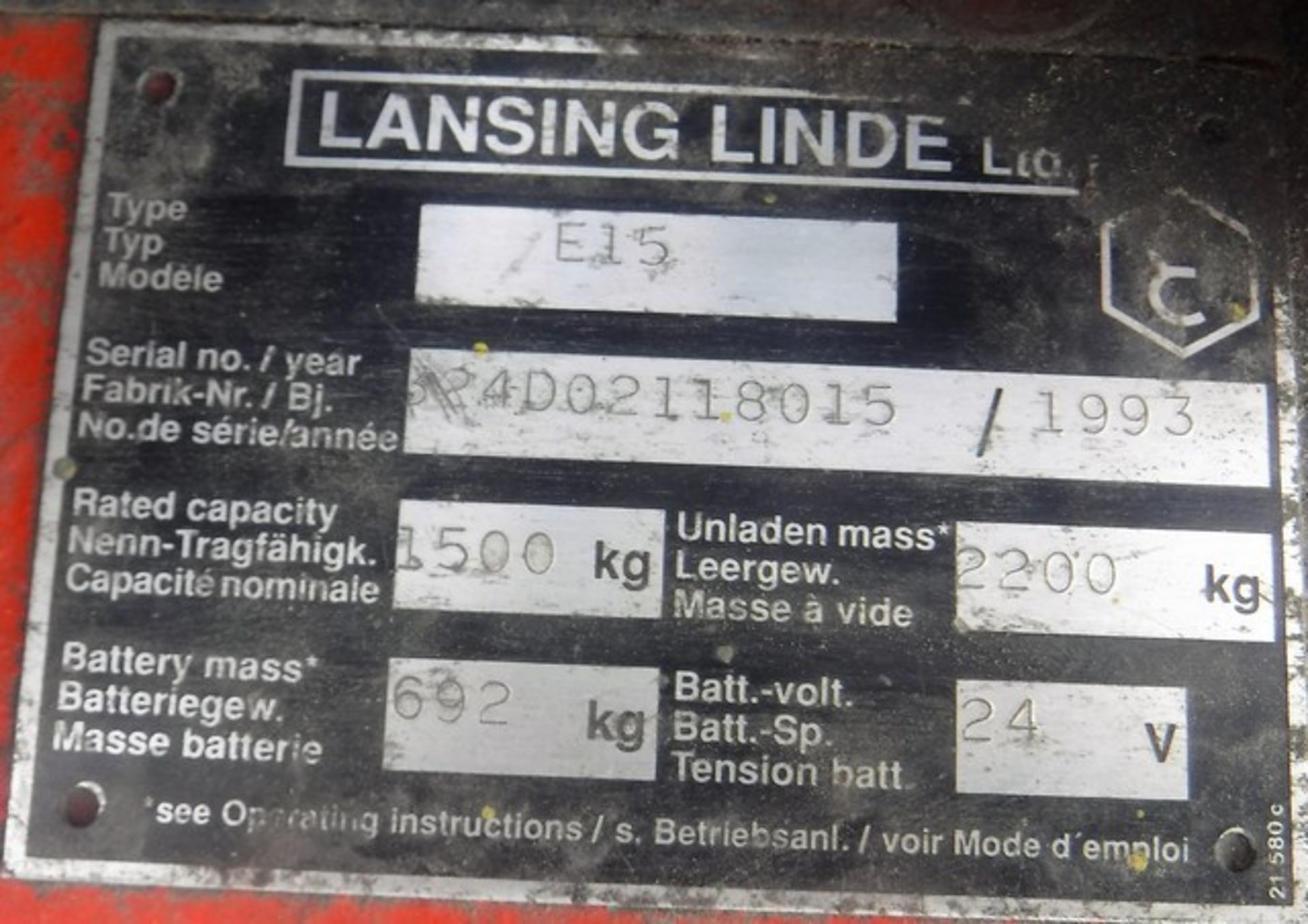 1993 LANSING LINDE E15 1.5 electric forklift (24v). S/N 324D02118015. 455hrs (not verified). C/W chl - Bild 2 aus 15