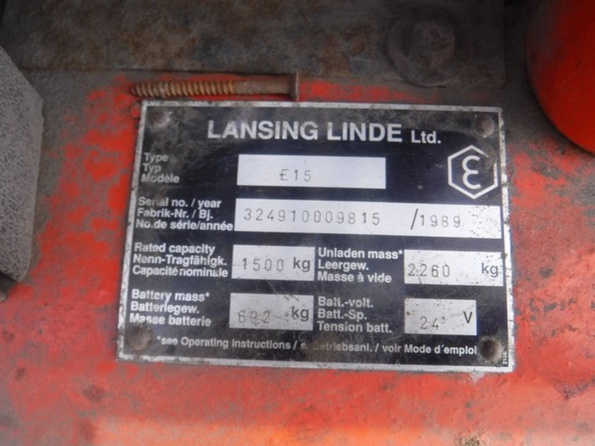 1989 LANSING LINDE E15 1.5tonne electric forklift (24v). S/N 324910009815. 2175hrs (not verified). C - Bild 2 aus 15