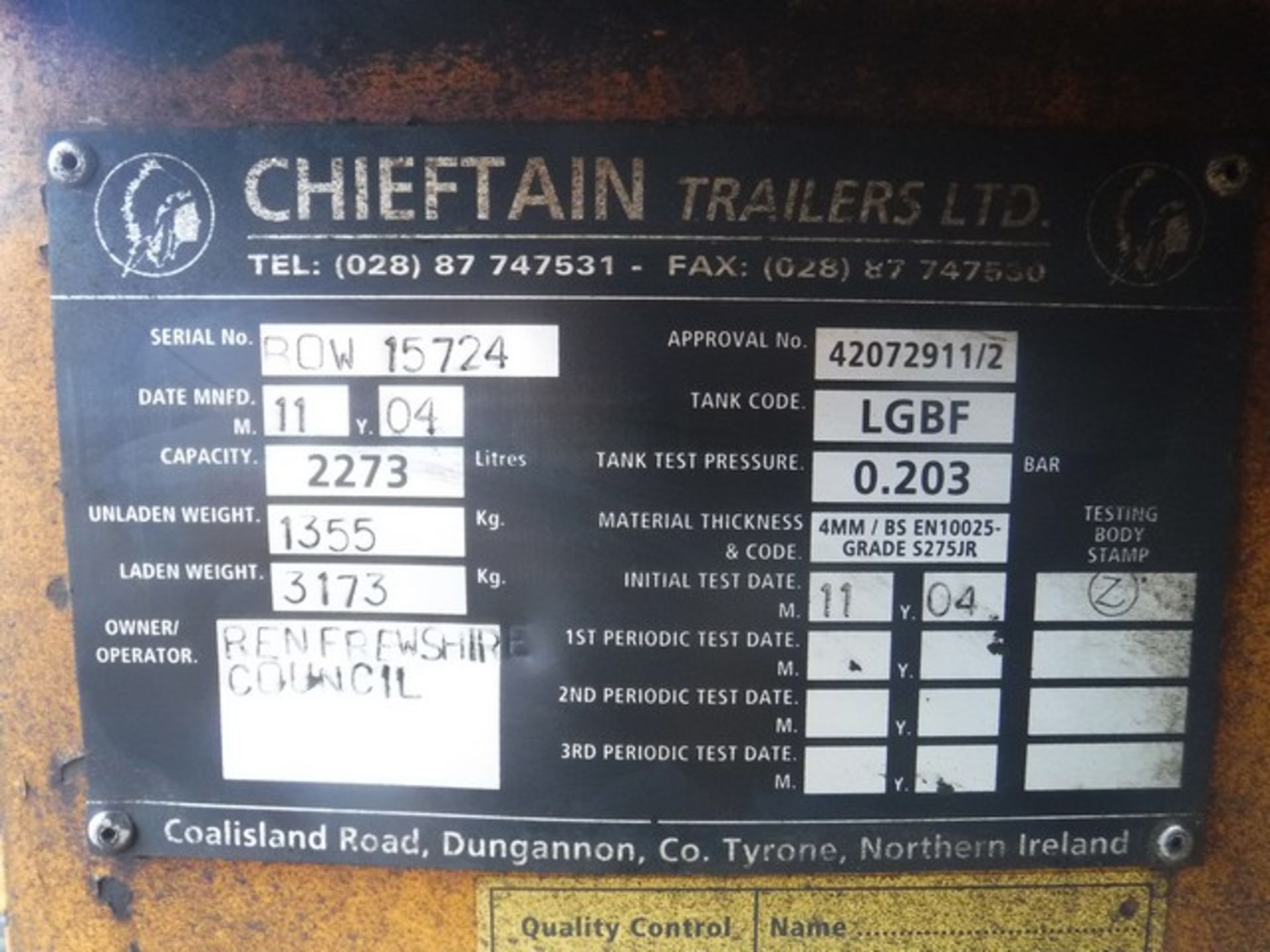 2004 CHIEFTAN trailer, twin axle bowser. S/N BOW15724 - Image 5 of 5