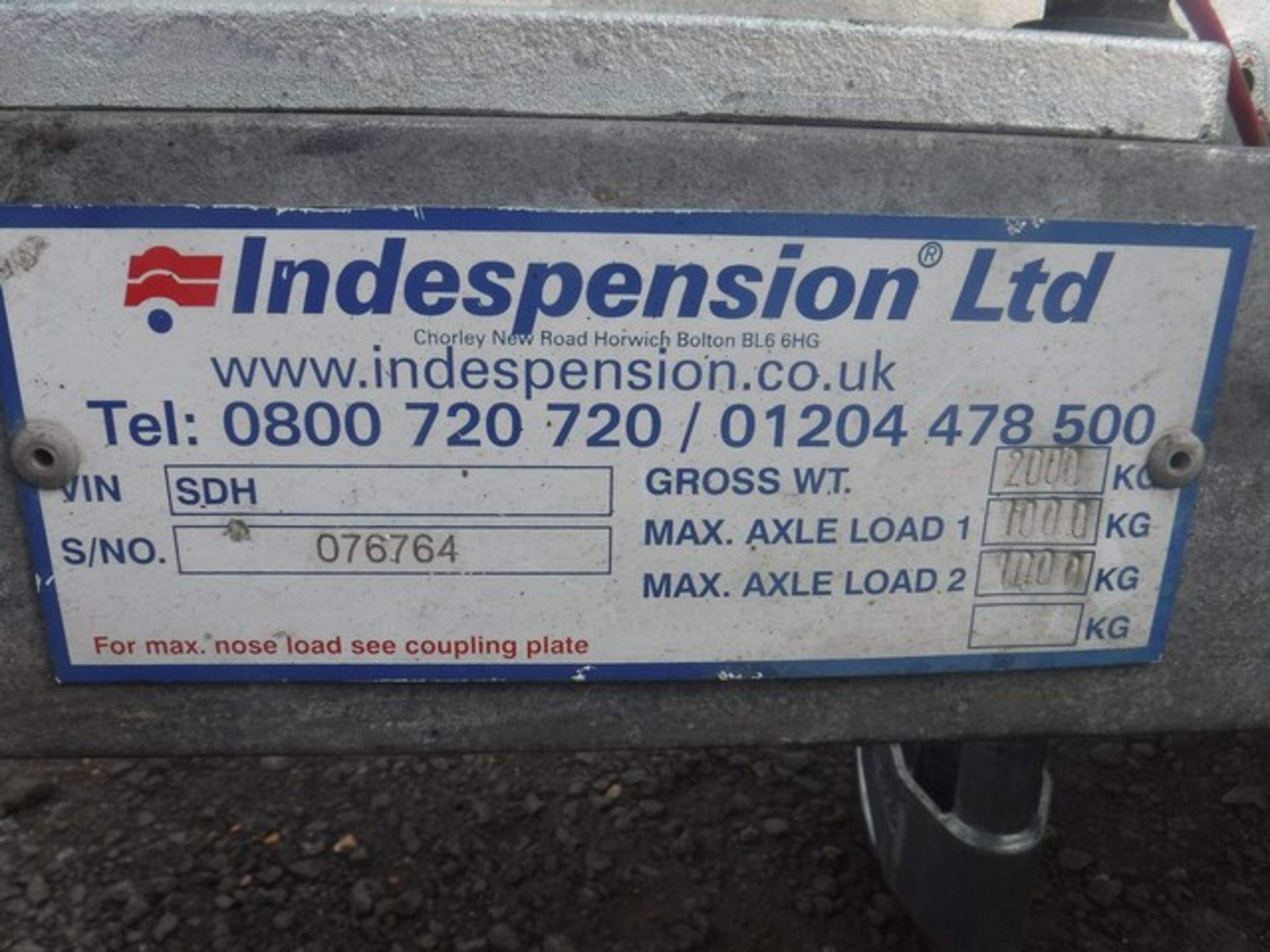2003 INDESPENSION 18' X 6' twin axle trailer c/w 5' ramp. Max gross weight 2000kgs. VIN 076764. Asse - Image 10 of 10