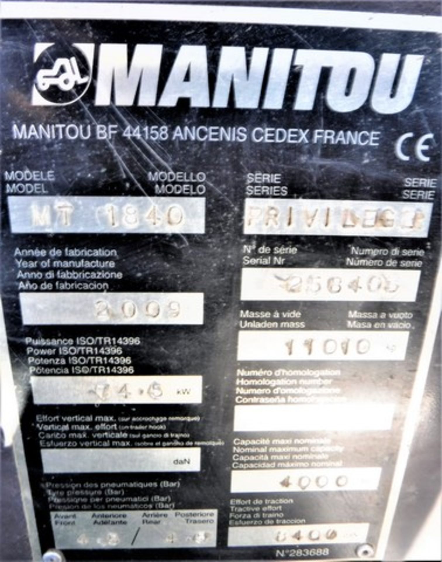 2009 MANITOU MT1840, Reg - SY59CFK. S/N - 258408. 4209 hrs (not verified). C/W set of forks - Bild 5 aus 13
