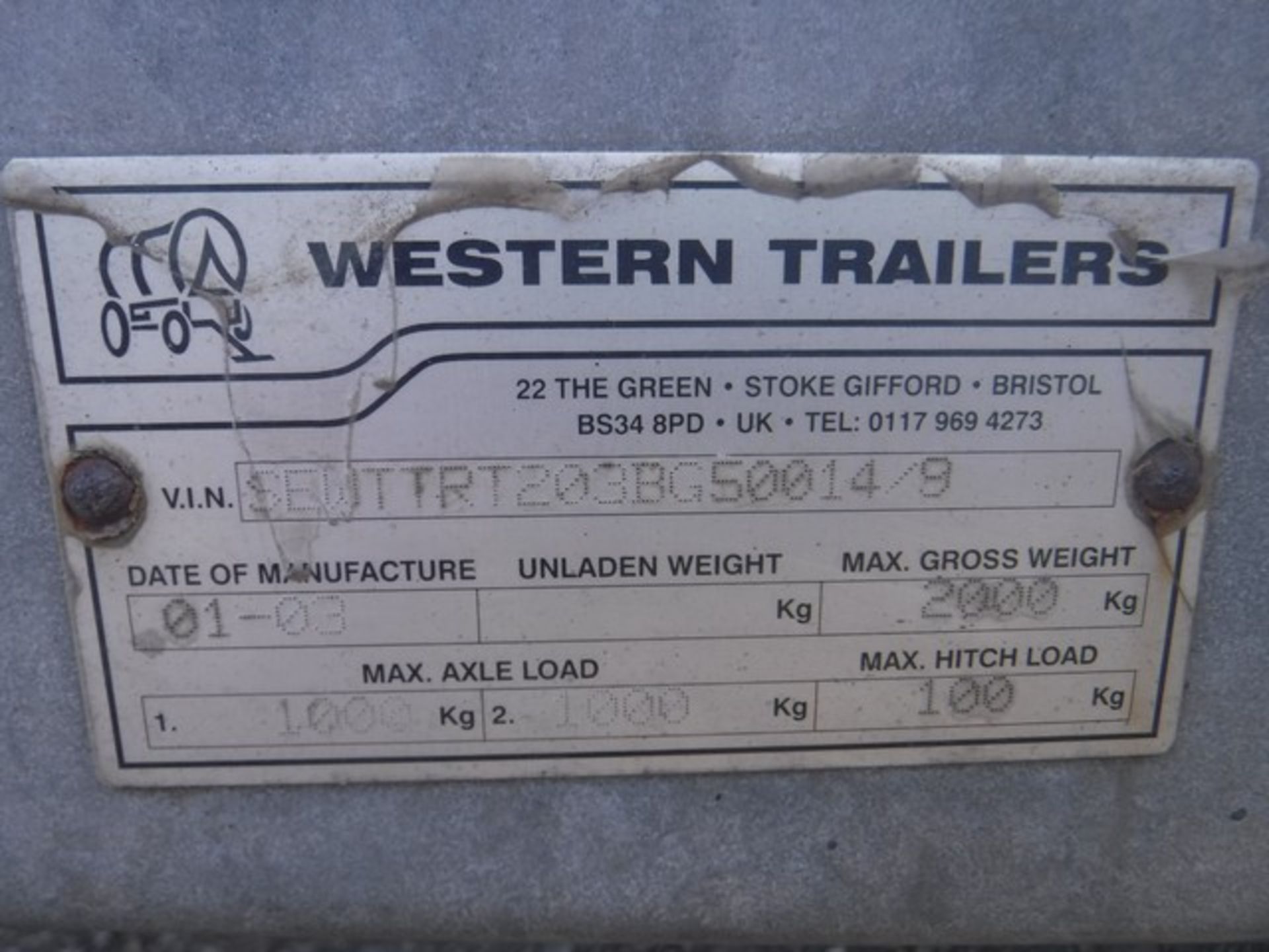 2003 WESTERN TRAILERS 18' x 6' twin axle trailer c/w 5' ramp. Max gross weight 2000kgs. VIN - SWETT - Image 3 of 12