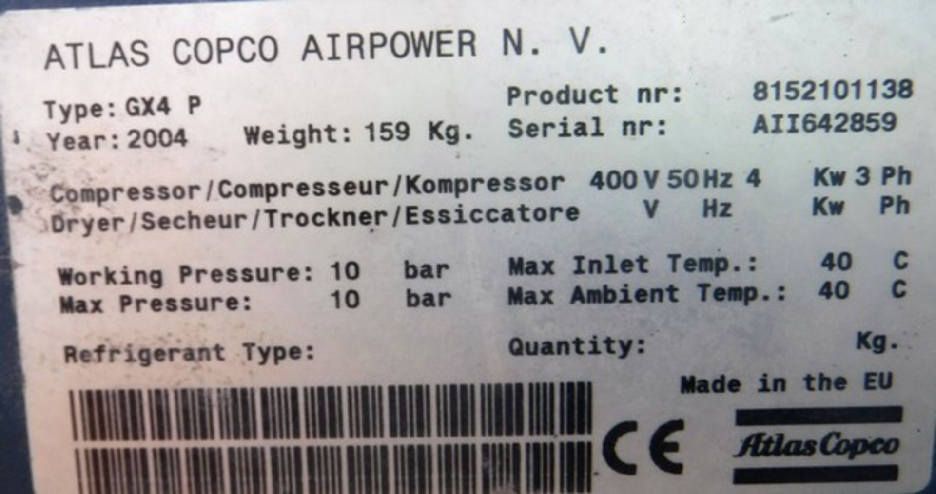 2004 ATLAS COPCO GX4 compressor s/n AII642859 - Image 2 of 4