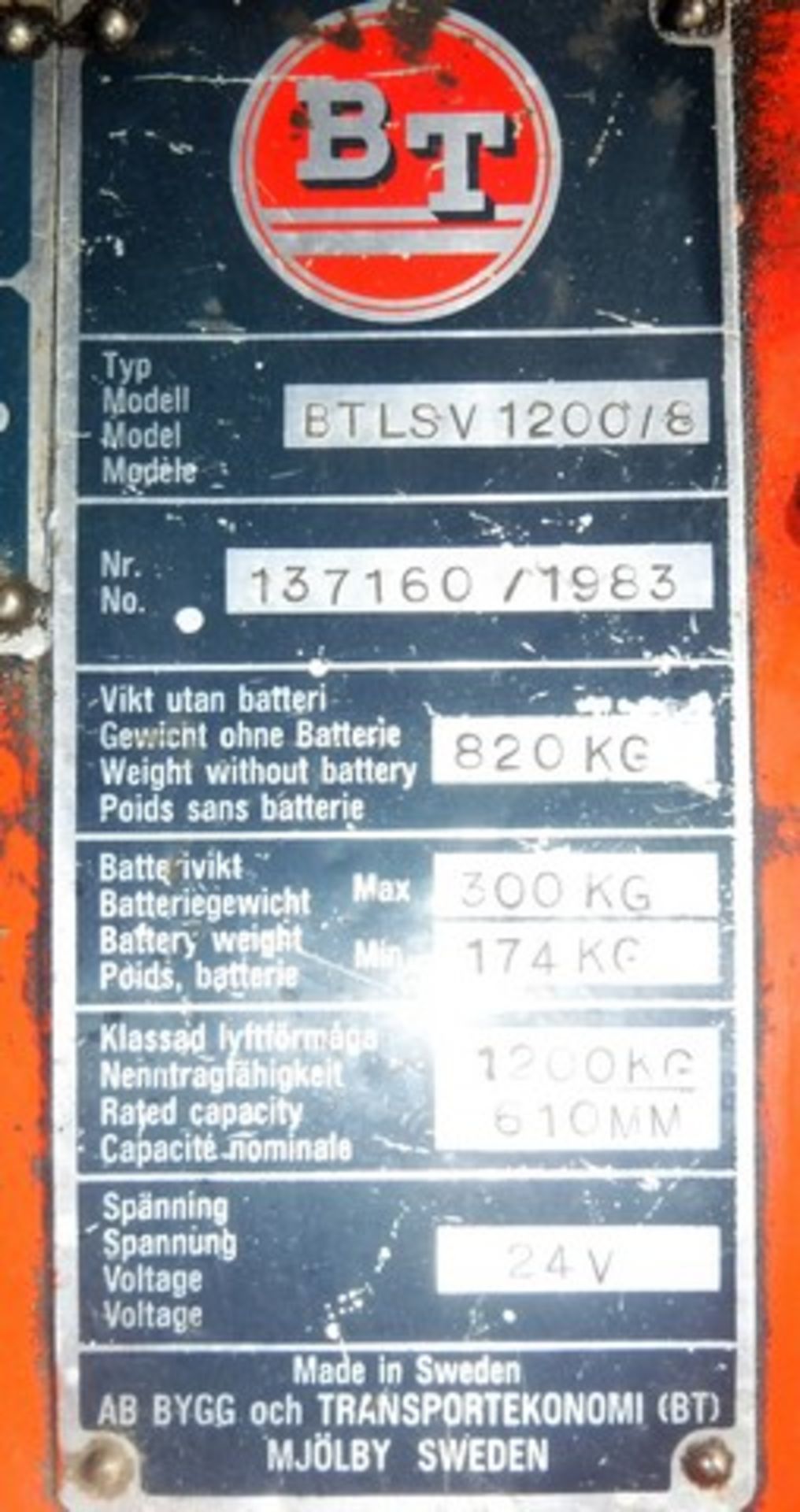 BT ROLATRUCK BTLSV1200/8. S/N 13716C/1983 24 volt batteries - Image 6 of 6