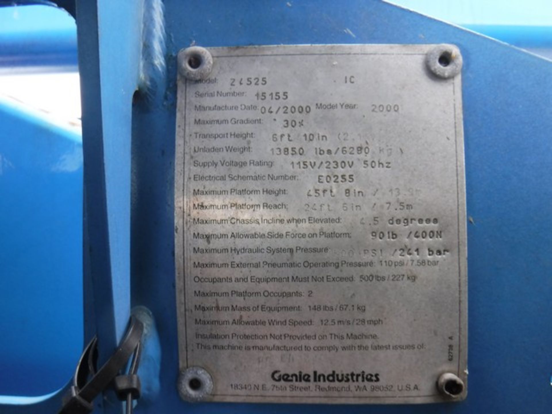 2000 GENIE BOOM LIFT Z45.25. S/N 15155. 8050.5hrs (not verified). Max working height 15.8m, outreach - Image 25 of 28