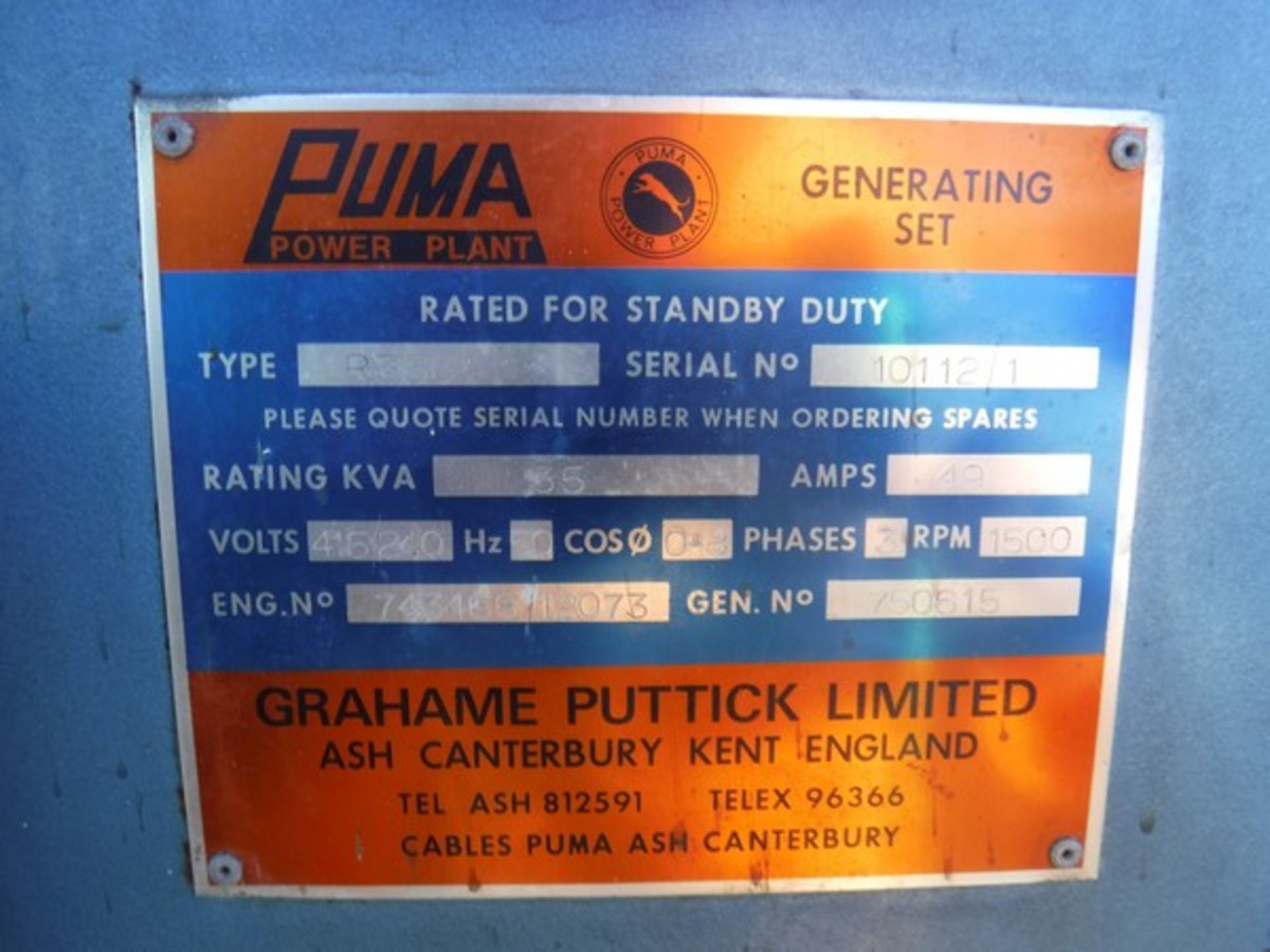 PUMA generator s/n 10112/1,rating 35kva,amps 49, 415/240v,HZ 50, Phase 3 rpm 1500. Bedford A043A100 - Bild 4 aus 6