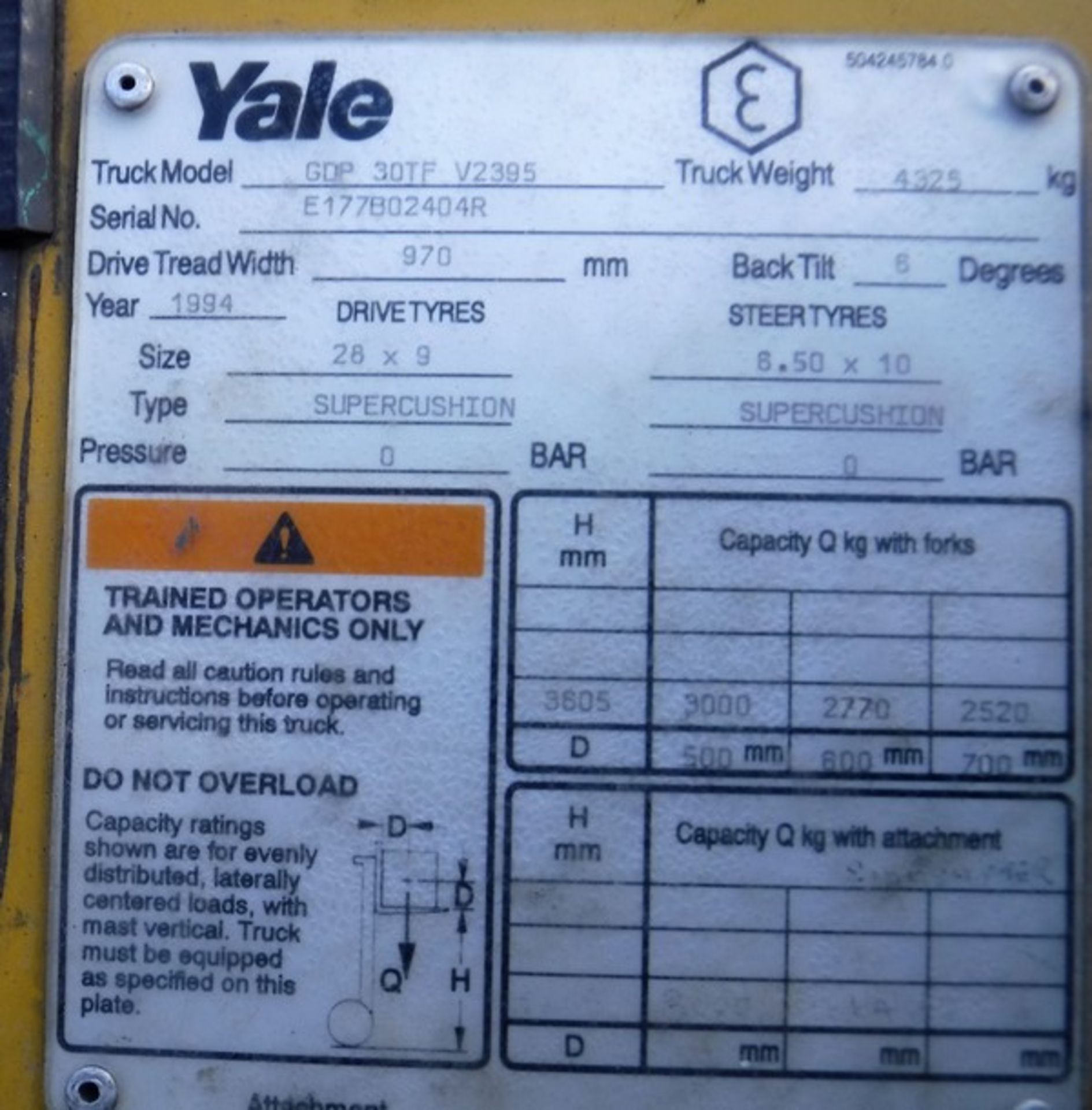 1994 YALE GDP30TFV2395 S/N E177B02404R. Asset No 727-9310 - Image 3 of 13