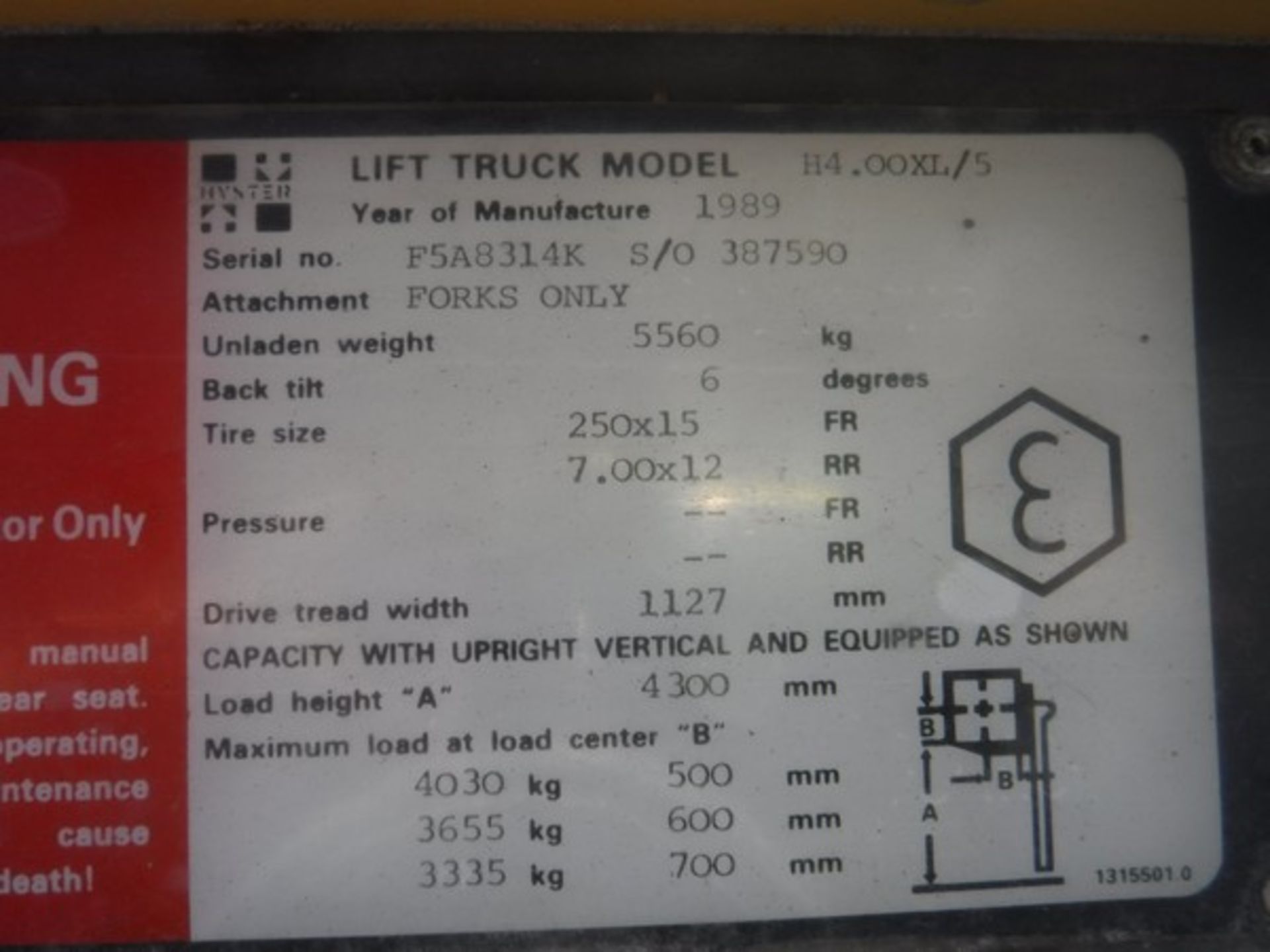 1989 HYSTER H4.00XL/5 S/N FOO5AO8314K 2816hrs (not verified) - Image 4 of 13