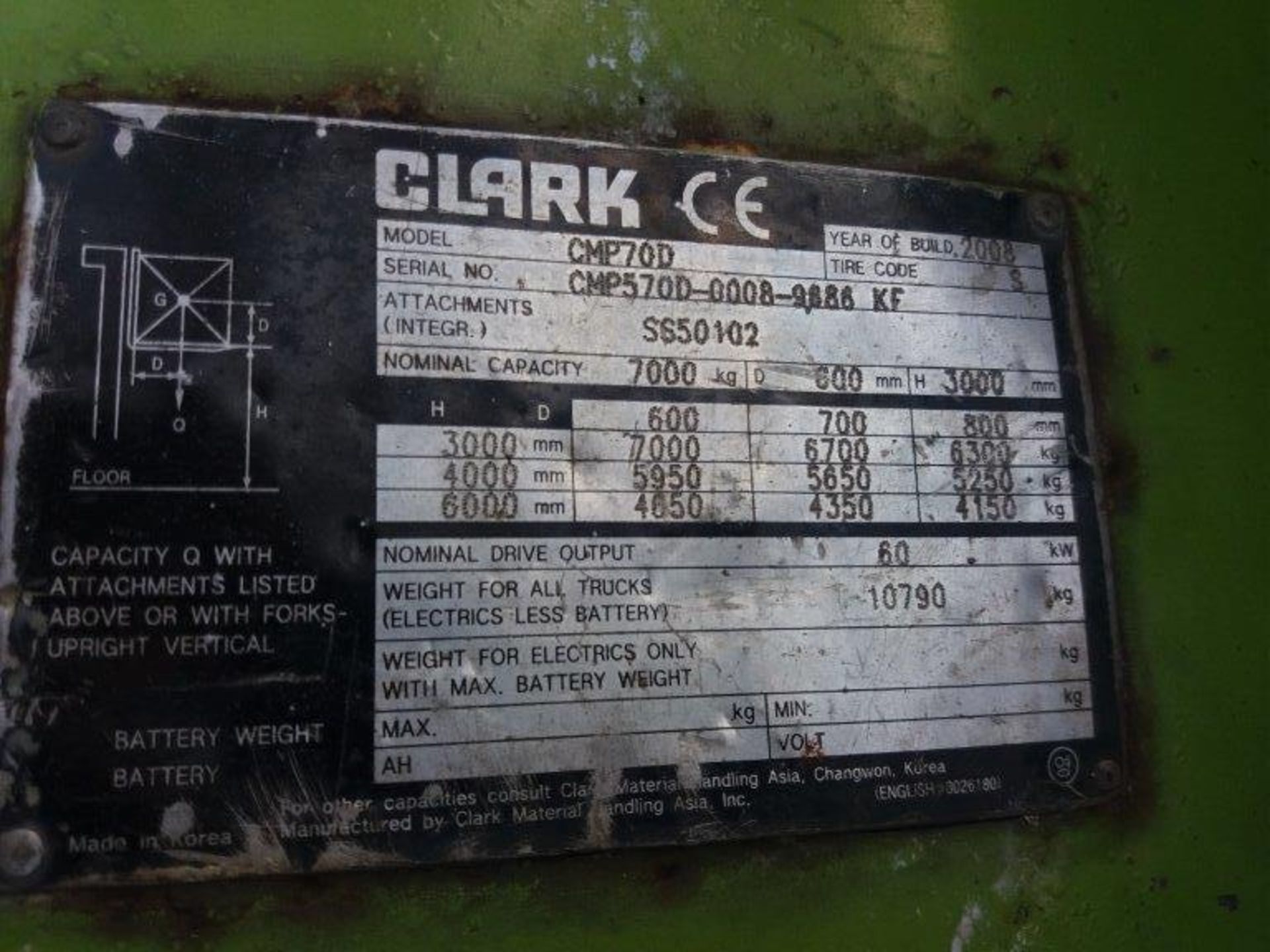 2008 CLARK forklift. Model CMP70D, S/N CMP57OD-0008-9888KF. 9365hrs (not verified) ** To be sold fro - Bild 9 aus 10