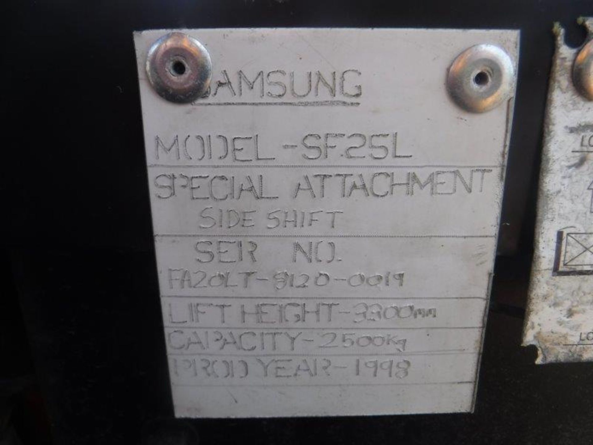 1998 SAMSUNG duplex mast side shift 2.5t gas forklift. - Image 2 of 13
