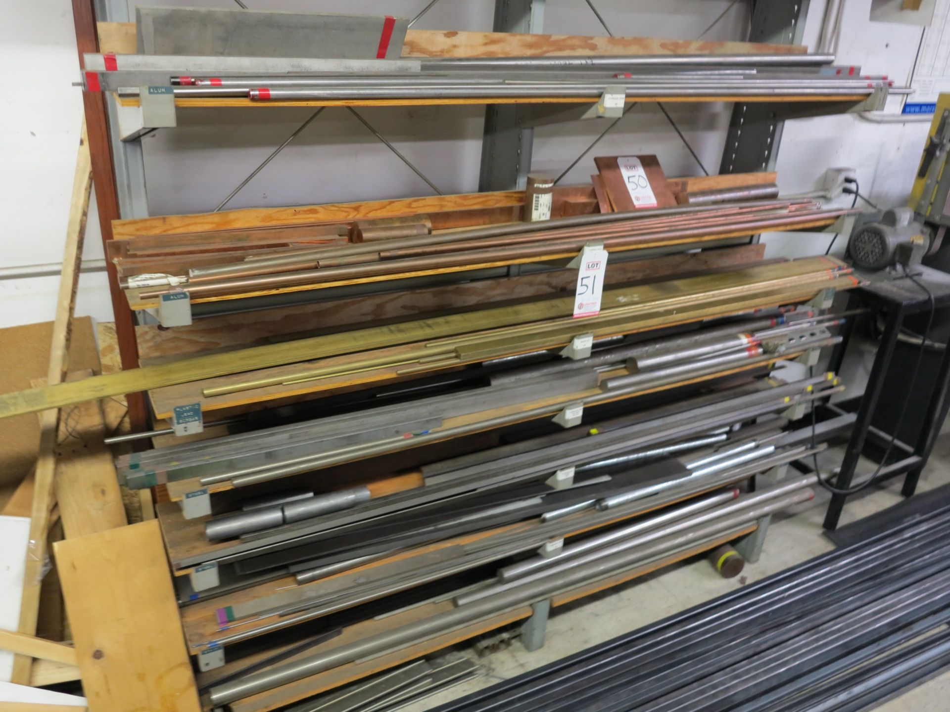 LOT - CONTENTS OF RACK: STAINLESS, COPPER, BRASS, COLD STEEL METAL MATERIAL