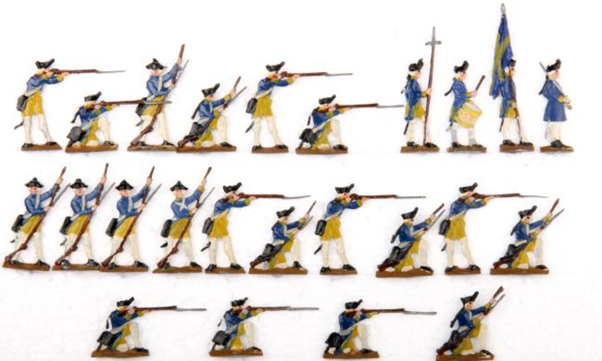 Schweden um 1760, Musketiere im Feuer, Heinrichsen, Originalbemalung, 24 Figuren, 30-mm-Größe,