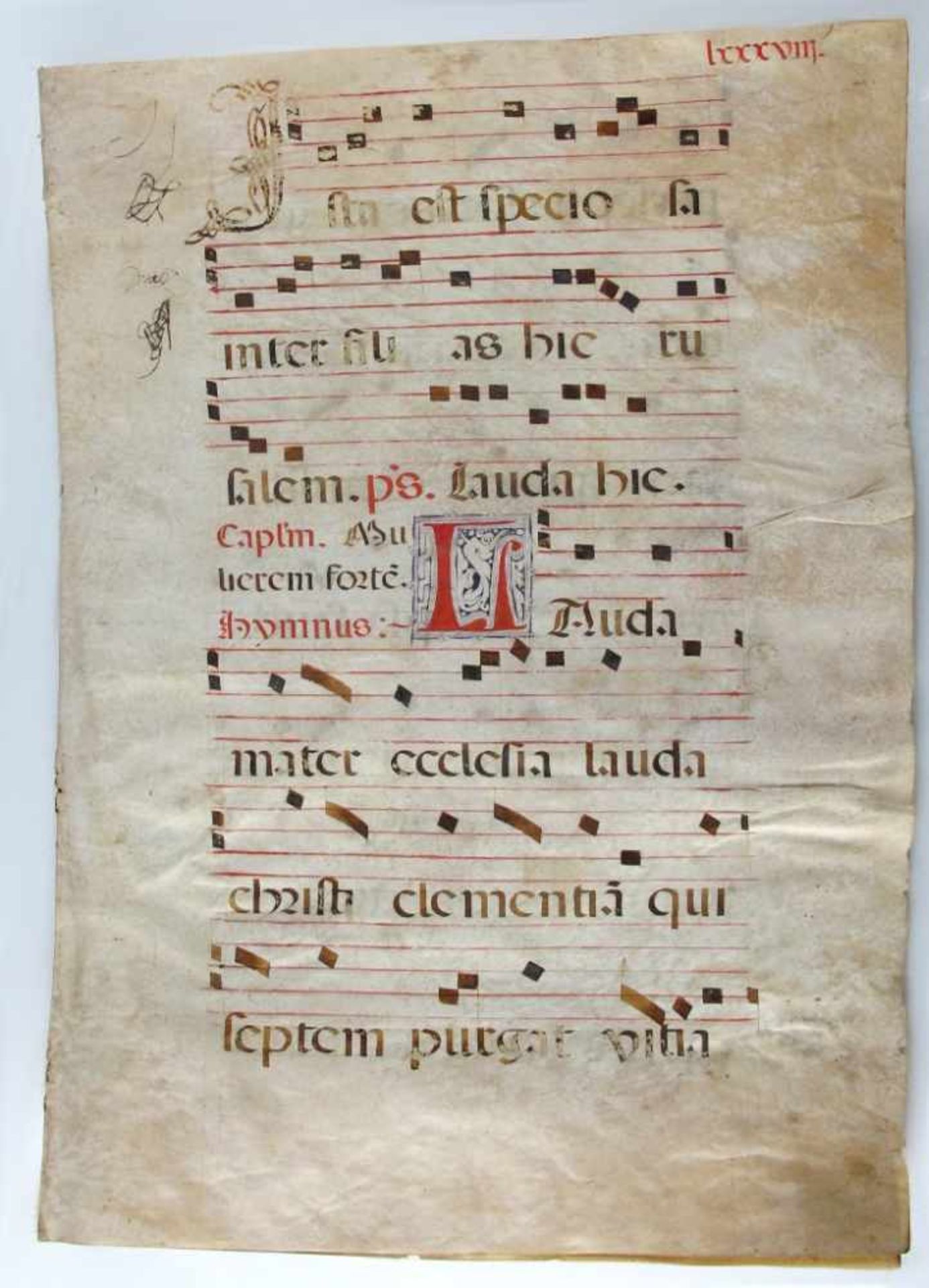 Antiphonar-Doppelblatt. Lateinische Handschrift in Rot und Schwarz auf Pergament. Beidseitig