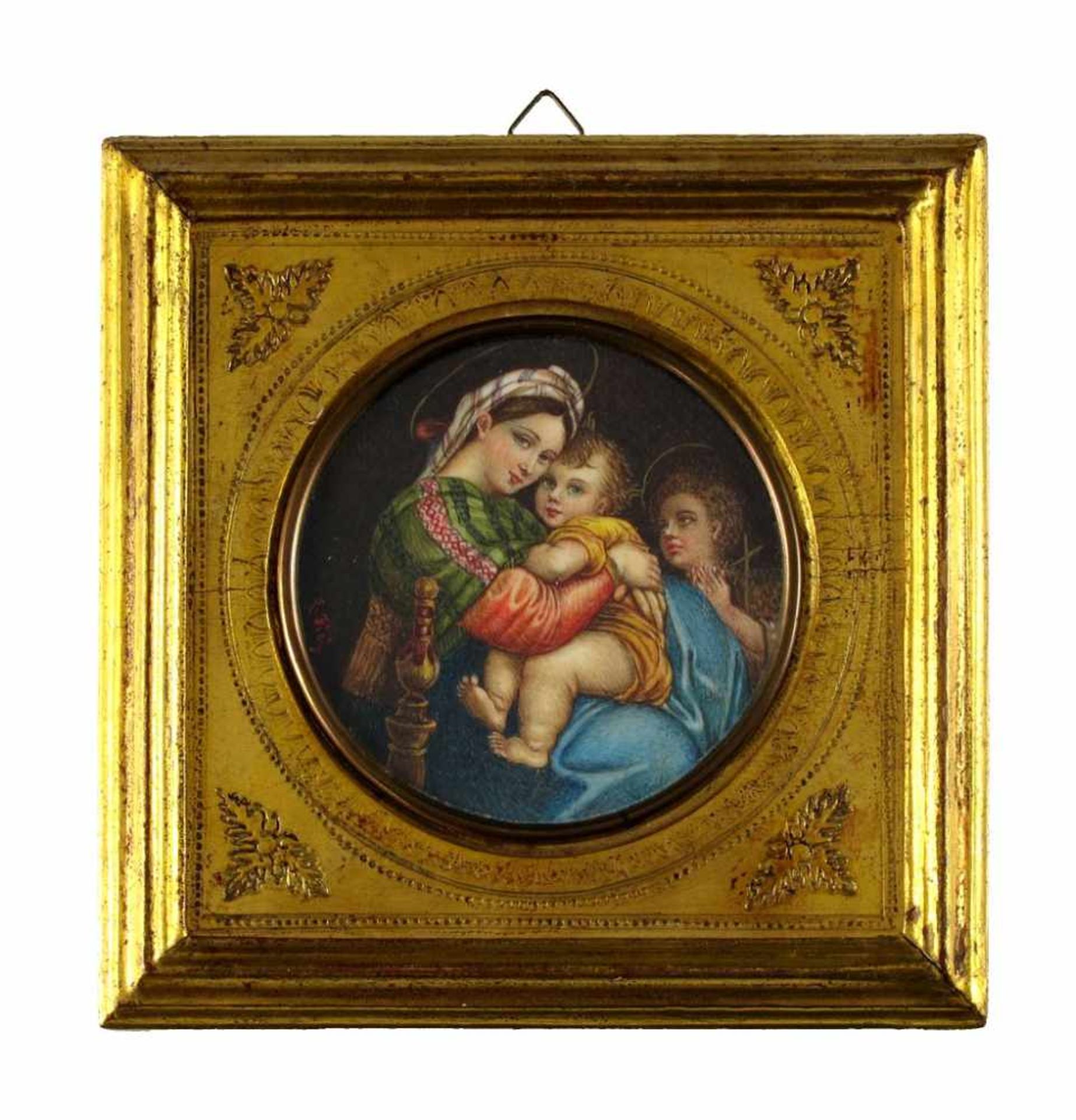 Madonna della Sedia nach Raffael. Auf Elfenbein. Florenz, 19. Jh. Ø 7,5 cm. R