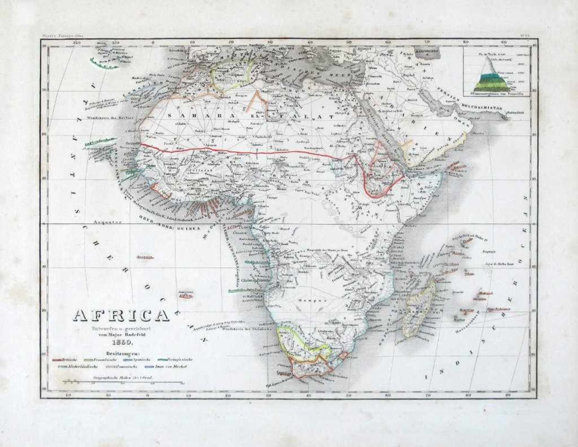 Afrika. "Africa Entworfen u. gezeichnet vom Major Radefeld 1850". Stahlstich aus Meyer's Zeitungs-