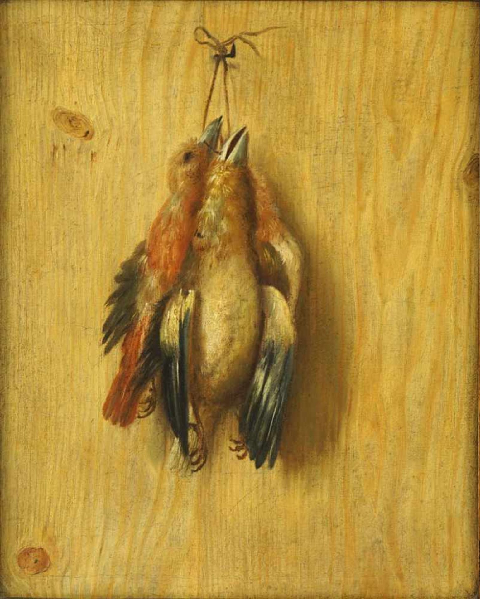 Maler des 19. Jh. Trompe l'oeil mit Nature morte: zwei Vögel am Haken auf Holzbrett. Öl/Lwd. 41,5