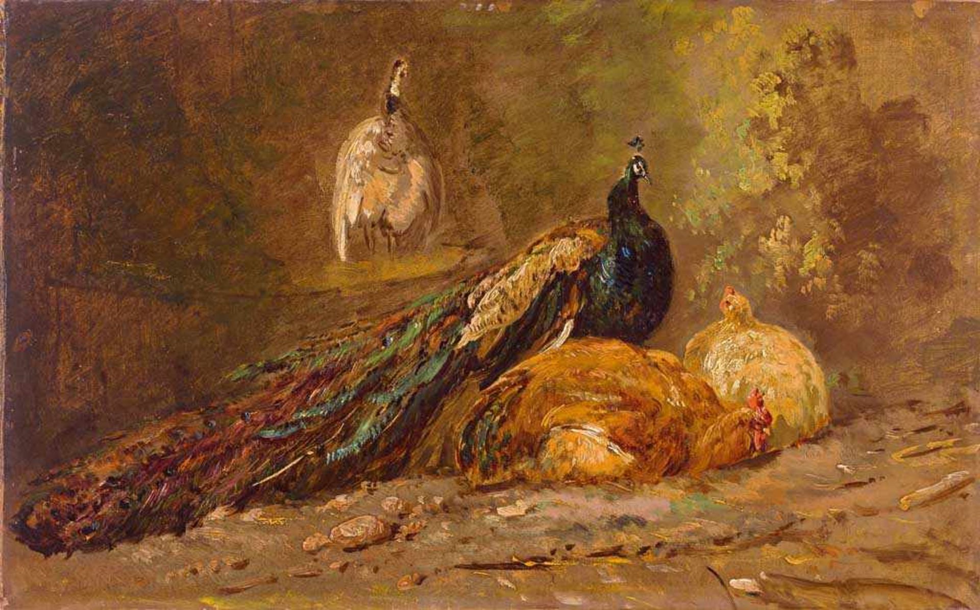 Maler des 19. Jh. Pfau mit Hühnern in abendlicher Landschaft. Öl/Ktn. 28 x 45,5 cm. R