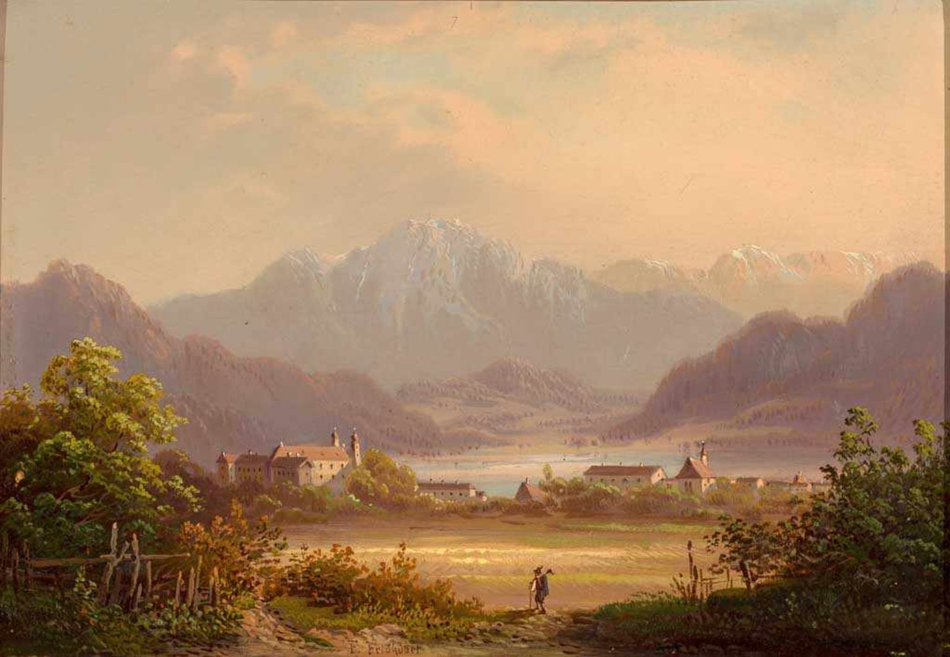 Ferdinand Feldhütter. 1842 - München - 1898. Sign. Partie am Tegernsee mit Blick auf Kloster, See