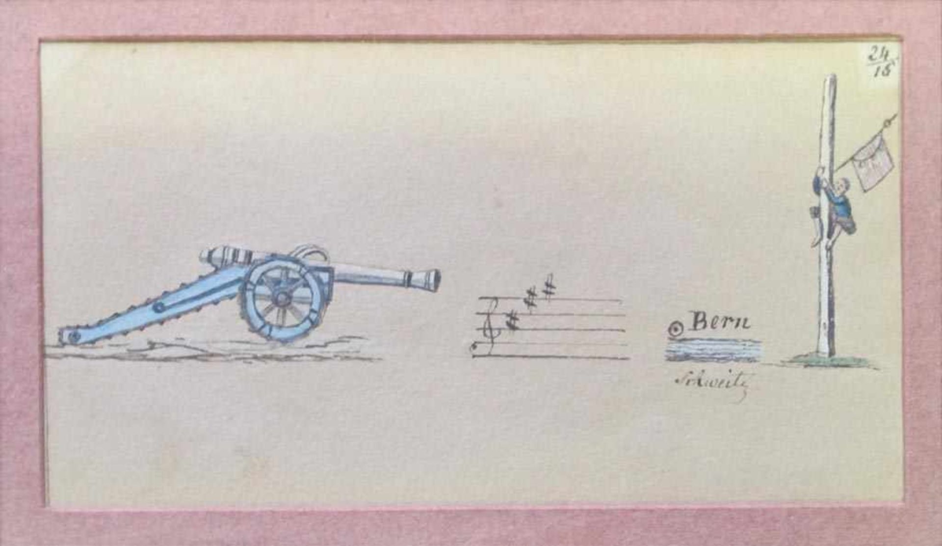 Rebus-Bild: Kanone, Noten, "Bern Schweitz", Knabe auf Fahnenstange. Altkol. Federzeichnung, um 1820.