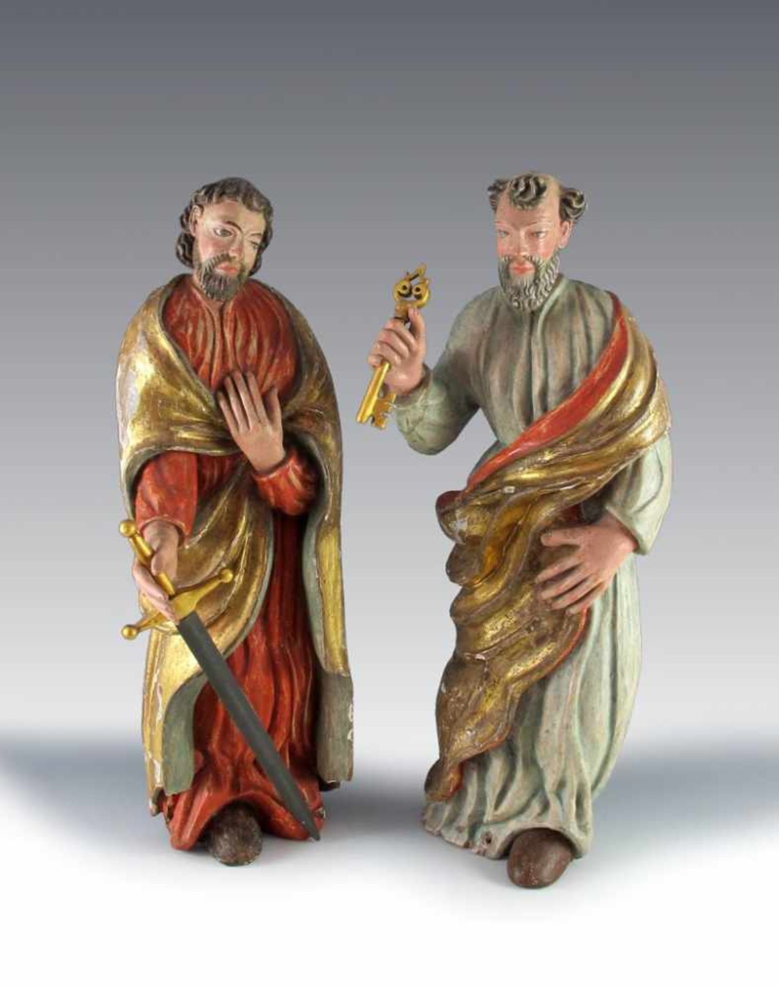Hl. Petrus und Hl. Paulus als Pendantfiguren. Polychrom gefasst. 18./19. H 69 cm