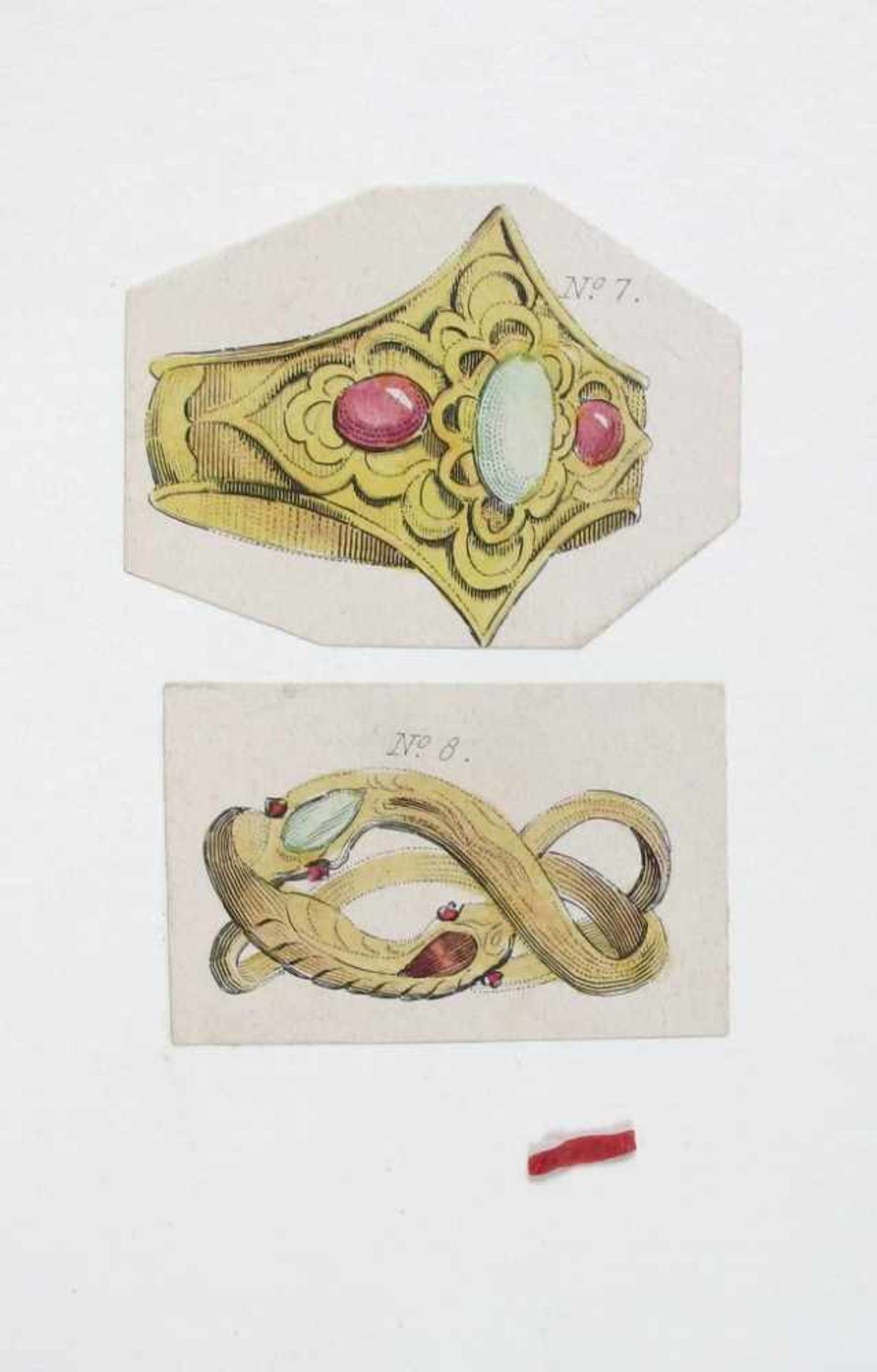 Schmuck. Sieben Bll. Entwürfe mit Schmuckstücken, meist im Jugendstil. Aquarellierte - Bild 4 aus 7