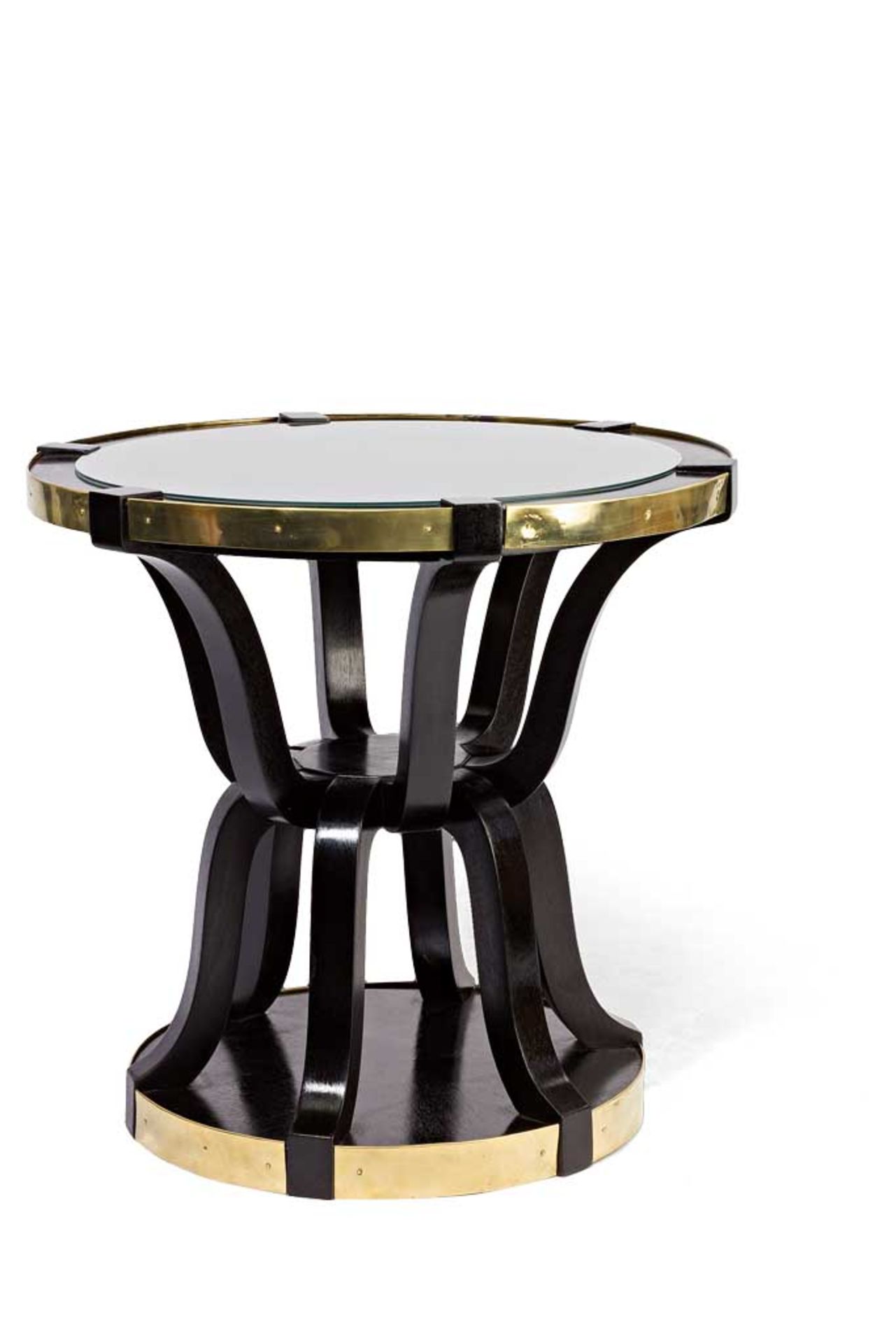 Tisch im Stil von Adolf Loos. Runde Plinthe. Zwölf ineinander greifende, geschweifte Beine. Runde