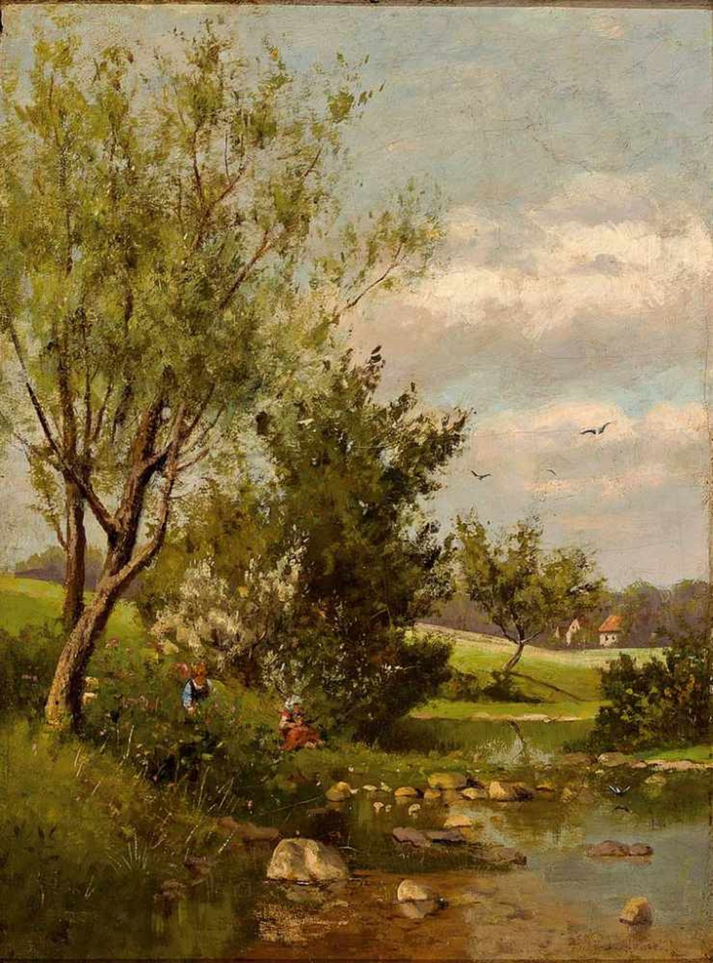 Paul Désiré Trouillebert. 1831 - Paris - 1900. Zugeschr. Impressionistische Flusslandschaft an einem