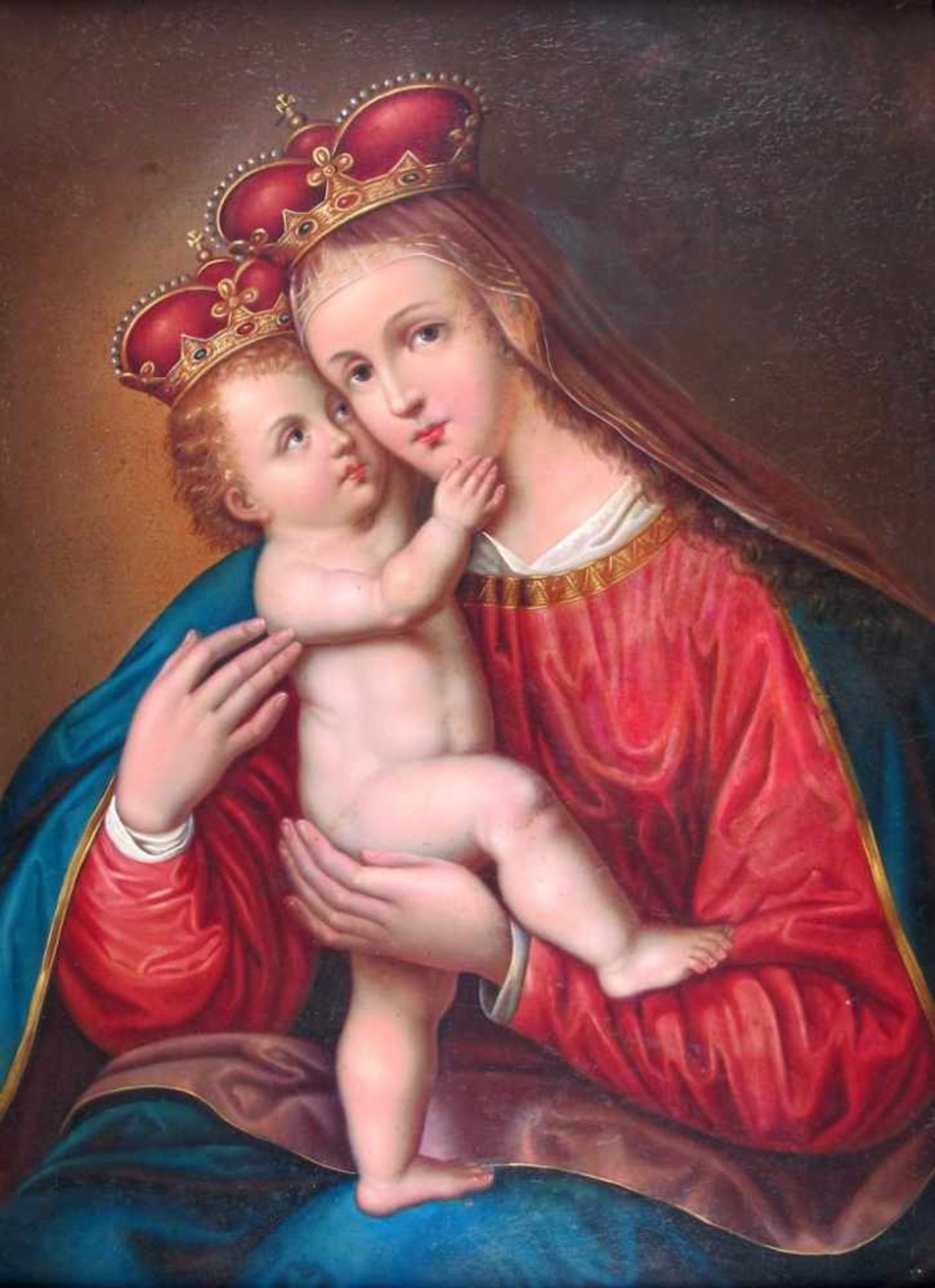 Maler des 19. Jh. Madonna mit Kind. Öl/Metall. 63,5 x 47 cm. R