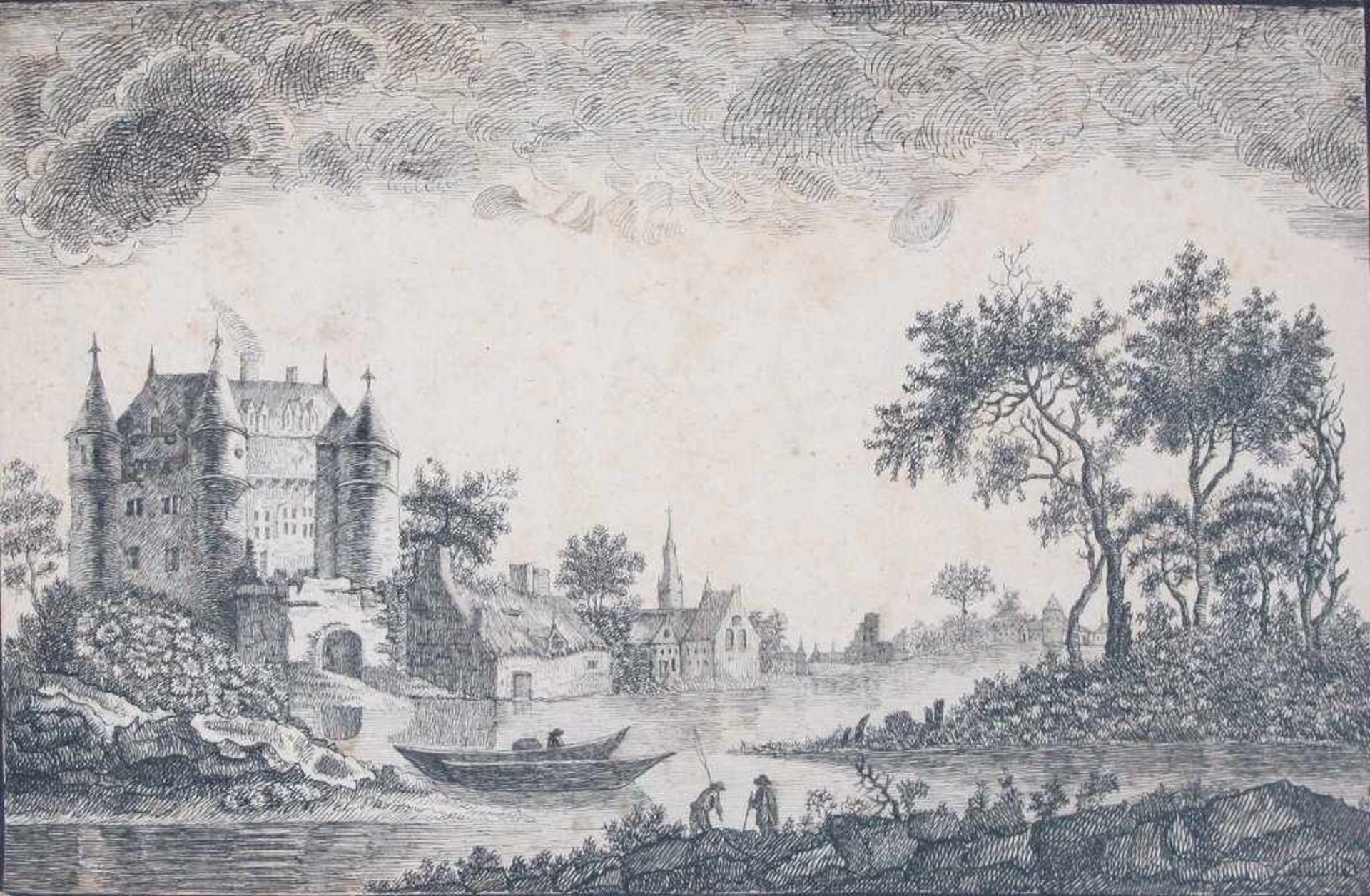 Schlossanlage an Flusslauf mit Booten und Anglern. Kupferradierung, 18. Jh. Ca. 17 x 25,5 cm. Gl.u.