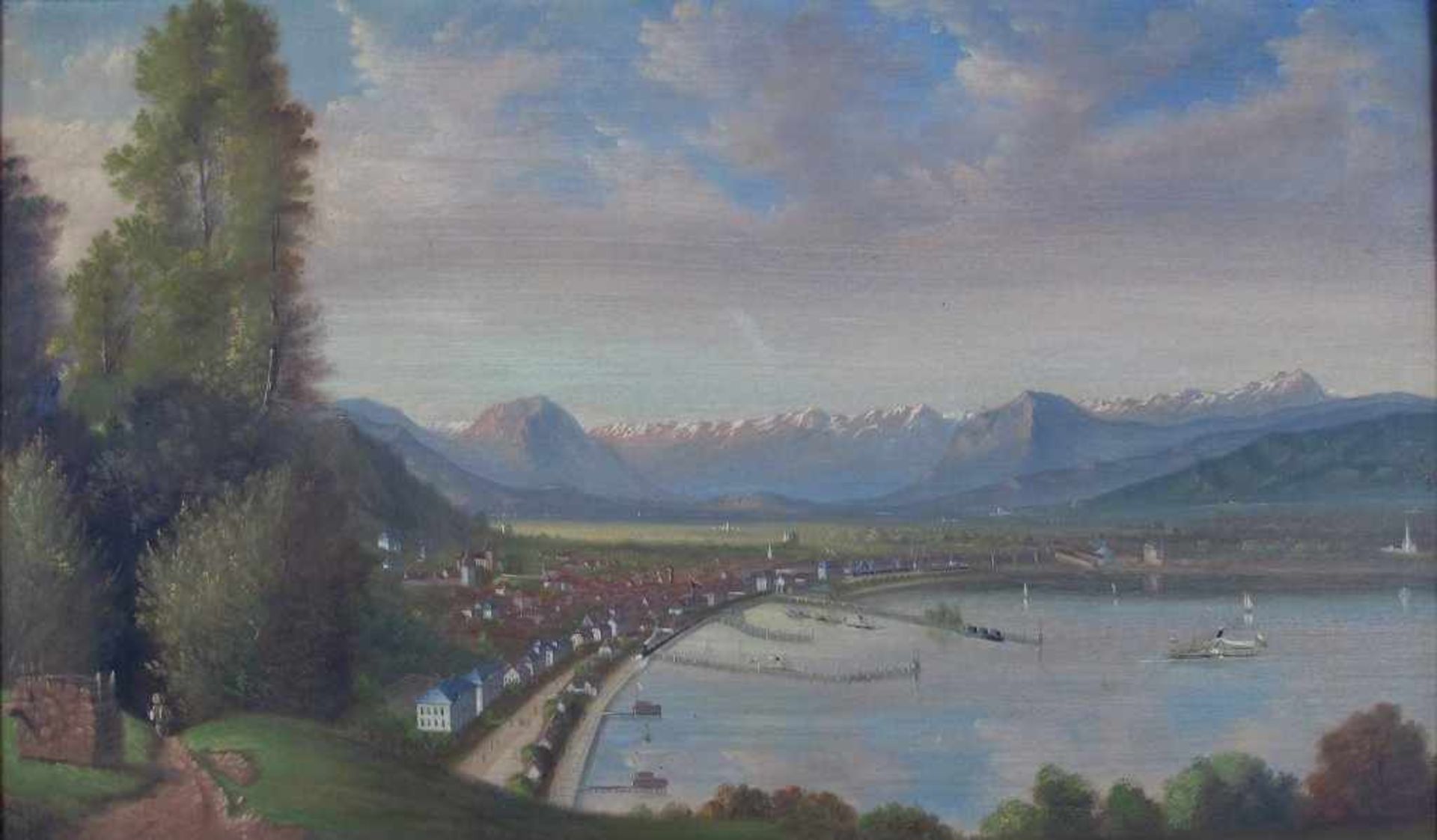 Maler des 19. Jh. Blick von der Pfänderhöhe auf Bregenz mit Hafen und den Bodensee vor