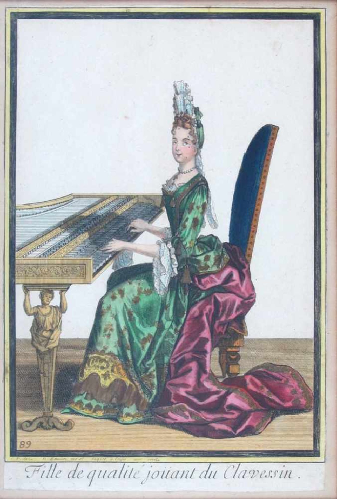 Fille de qualité jouant du Clavessin. Kol. Kupferstich von Nicolas Bonnart nach R. Bonnart, um 1700.