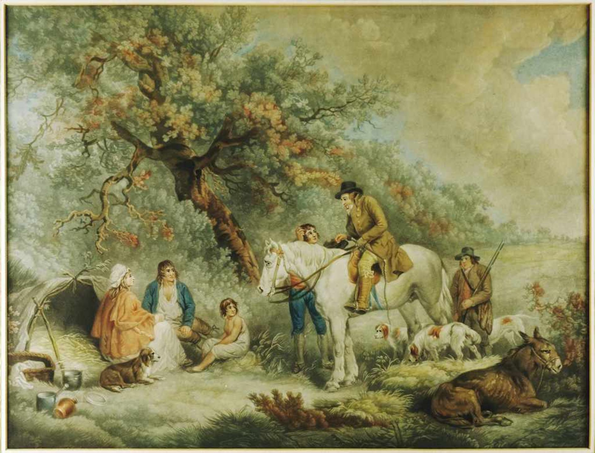 Im Wald lagernde Familie und Jäger. Kol. Schabkunstblatt von William Ward (1766 - London - 1826)