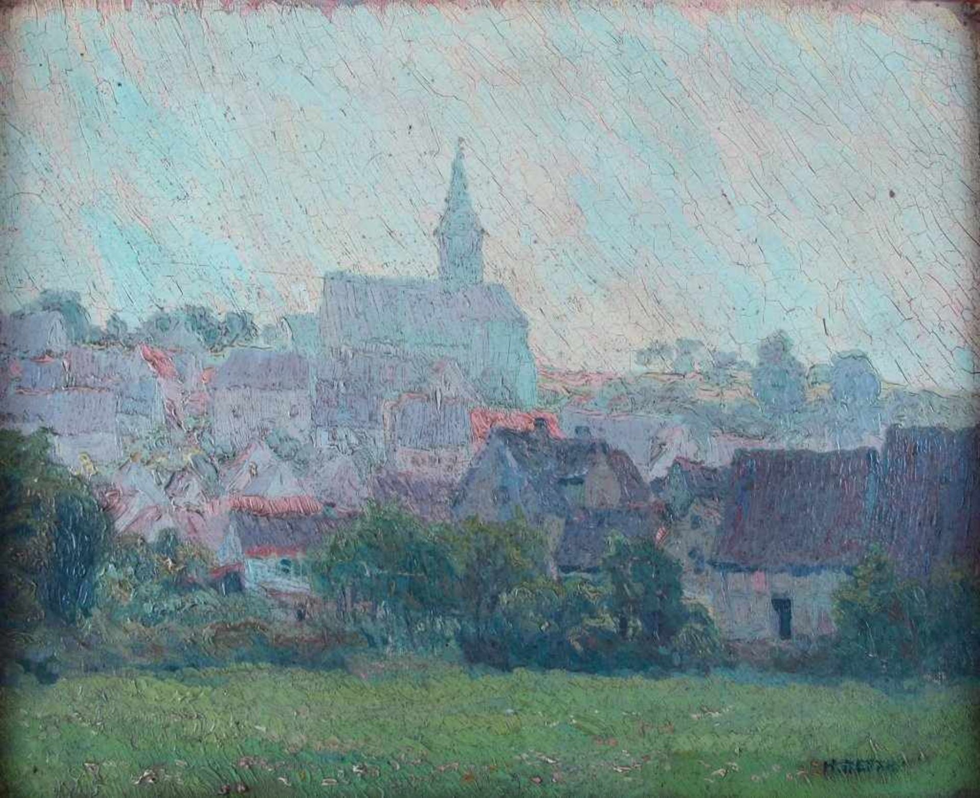 Maler um 1910. Undeutlich sign. Blick auf malerisches Städtchen mit Kirche im frühmorgendlichen