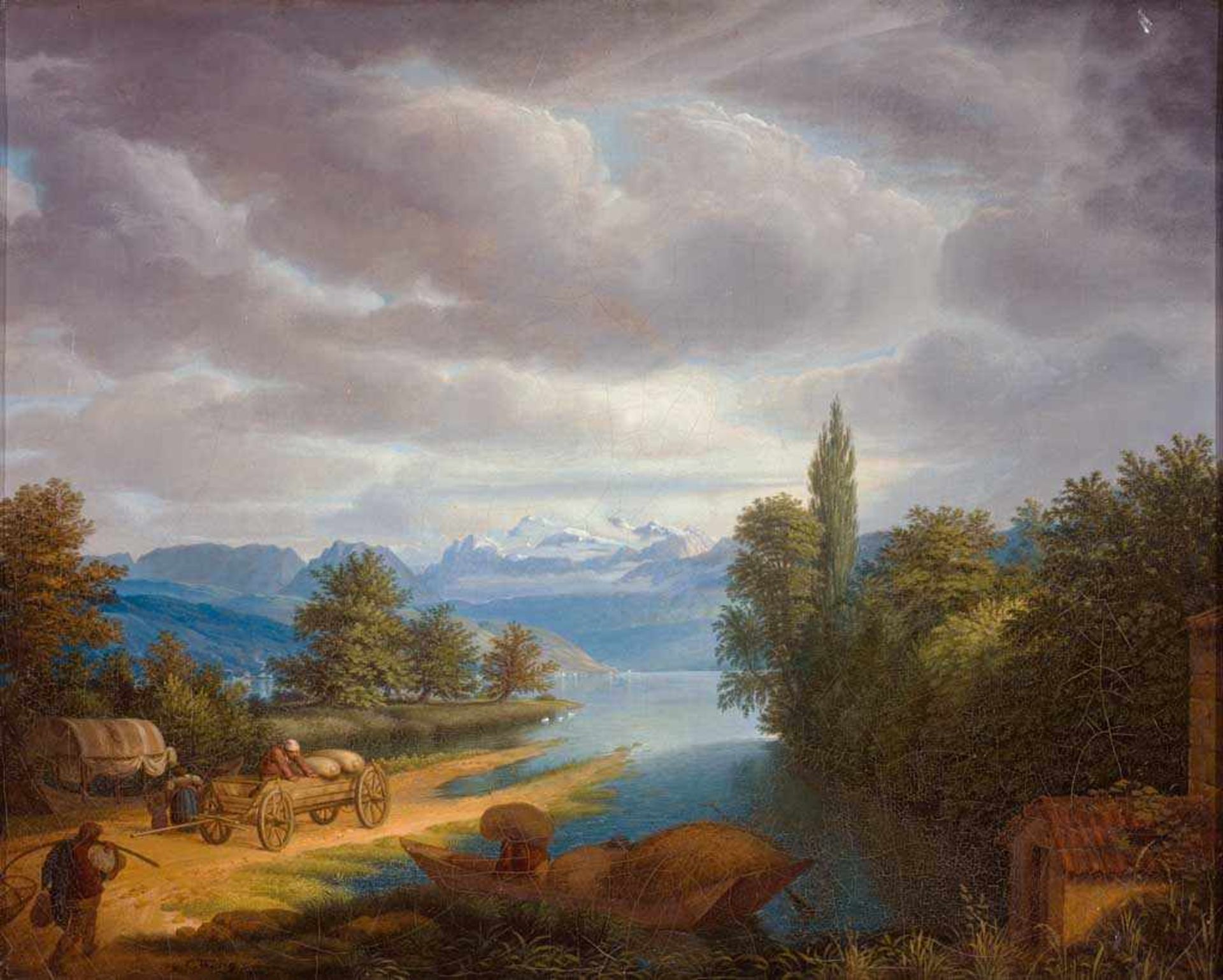 C. Weng. Maler des 18./19. Jh. Sign. Alpenlandschaft mit See, im Vordergrund Fuhrwerk und Nachen mit