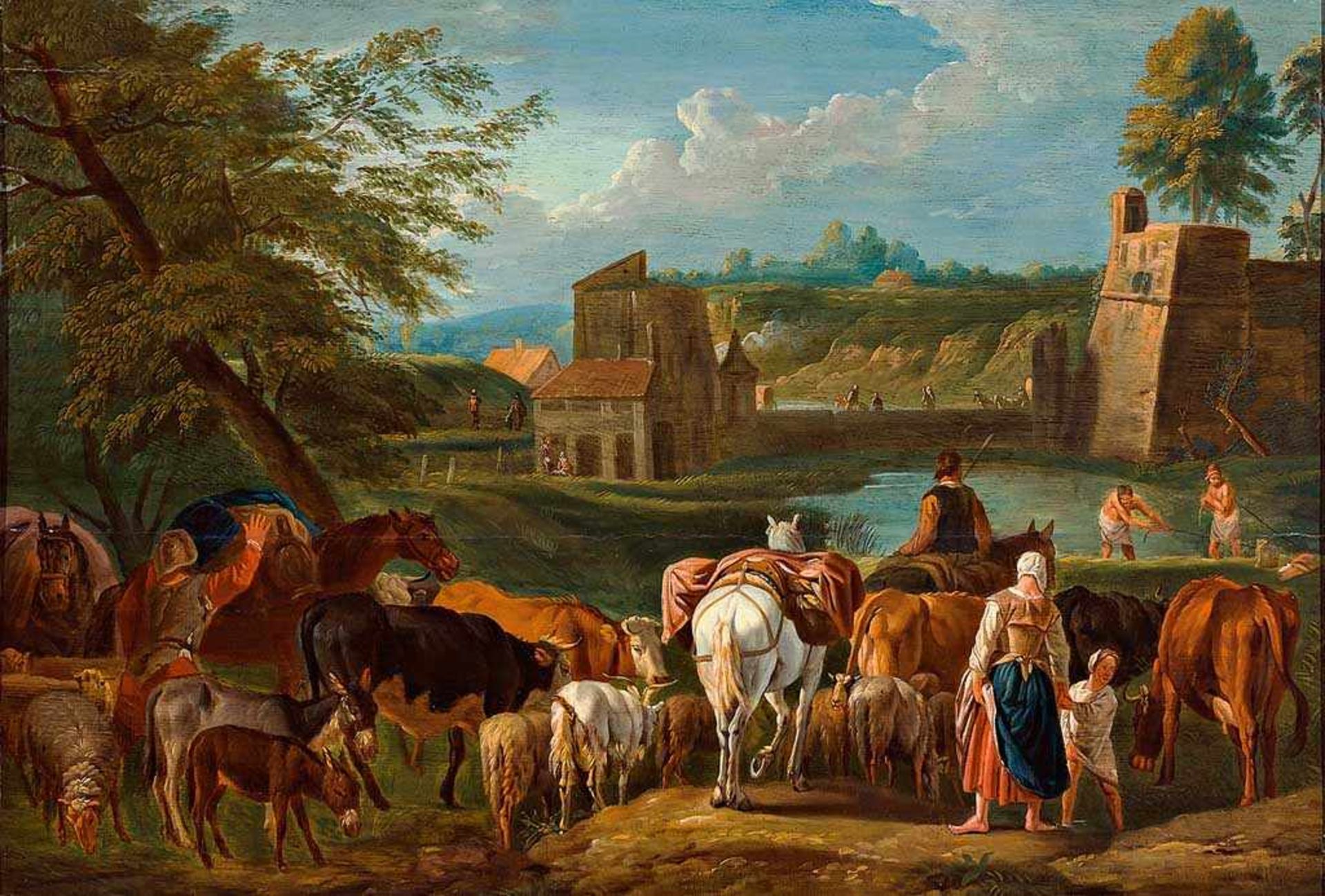 Johann Heinrich Roos. 1631 - 1685. Zugeschr. Landschaft in der Campagna Romana mit Vieh an einer