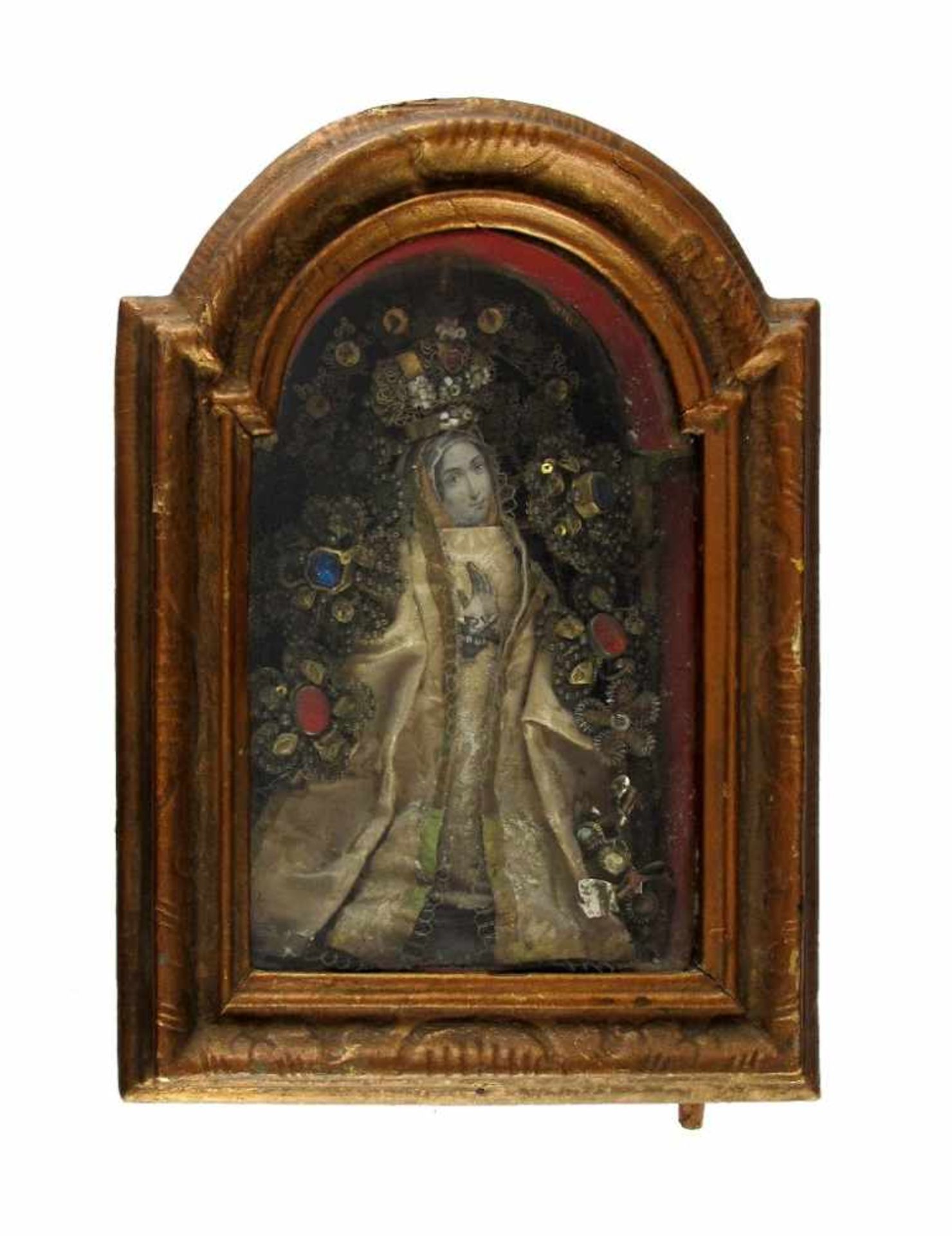Klosterarbeit. Collage mit Madonna. 18. Jh. 21,5 x 14,5 cm. Gl.u.R