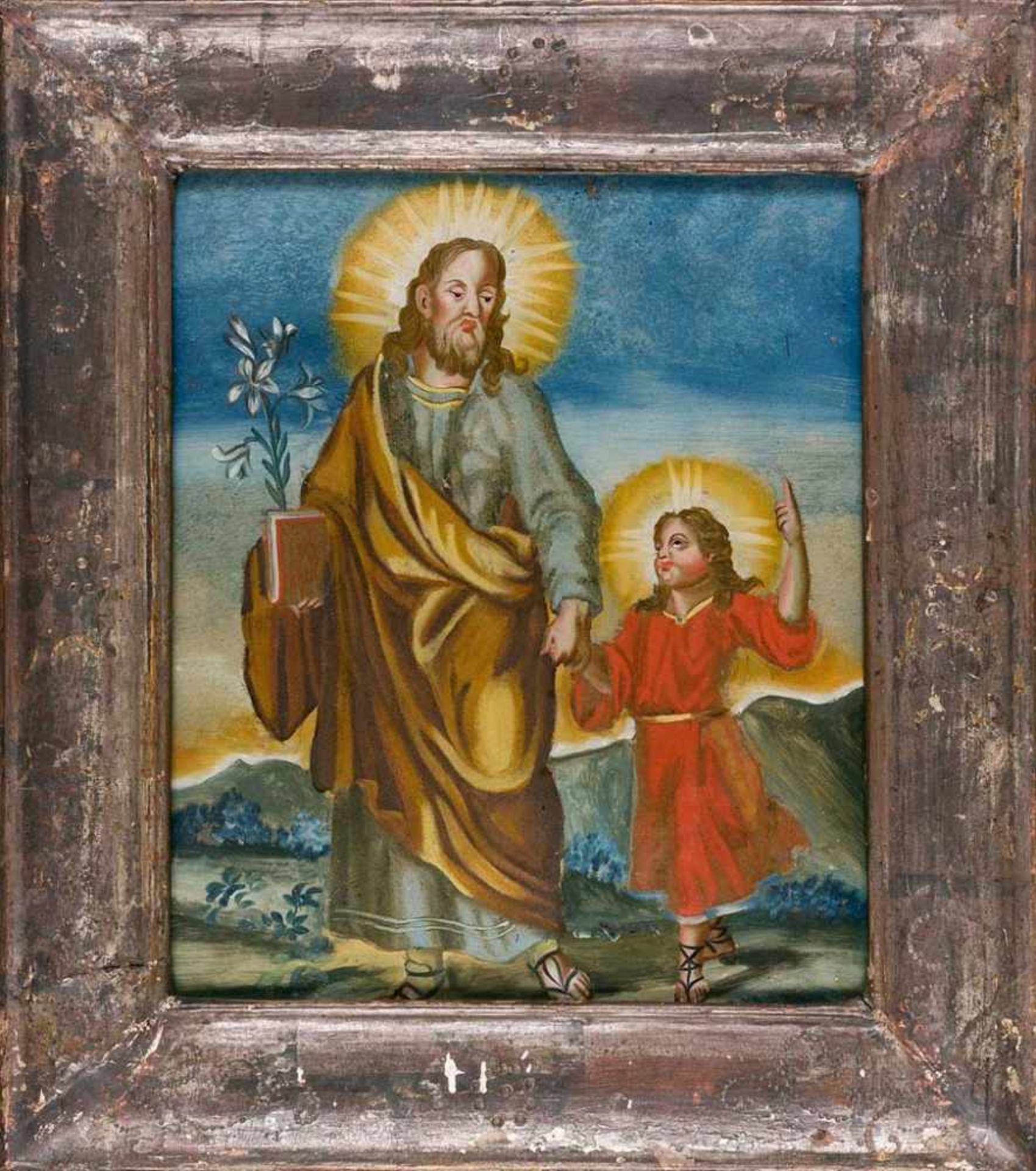 Hinterglasbild. Josef mit dem Jesusknaben. Italien, um 1800. 28 x 22 cm. R