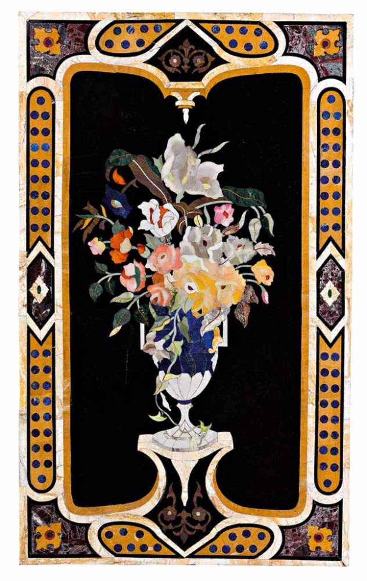 Pietra-dura-Platte. Blumenstrauß in Vase. Ornamentkante. Div. Marmore und Edelsteine. 100 x 60 cm
