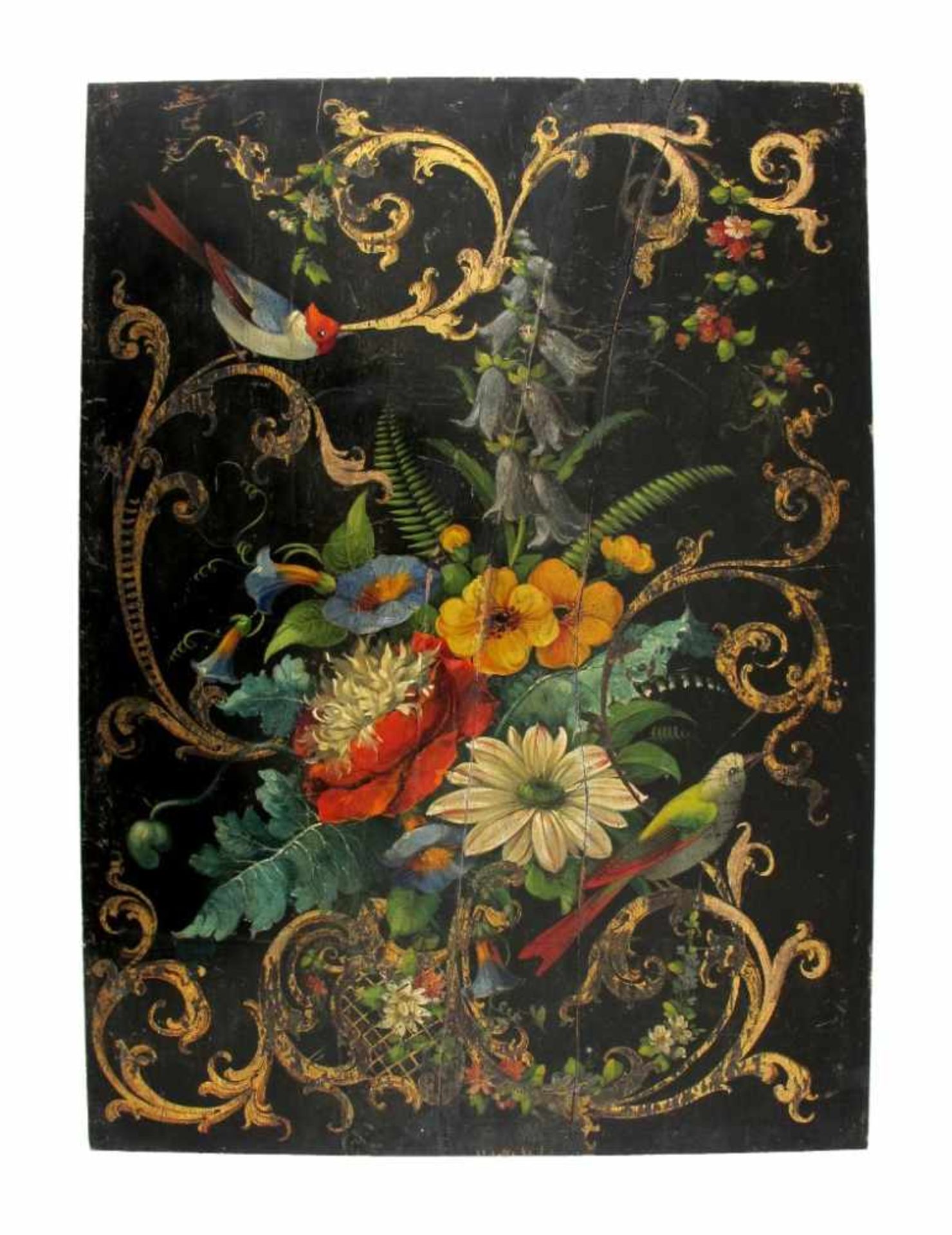 Wandpaneel. Auf schwarzem Grund polychrome Malerei mit Blüten, Vogel und Goldranken. Um 1900. 47 x